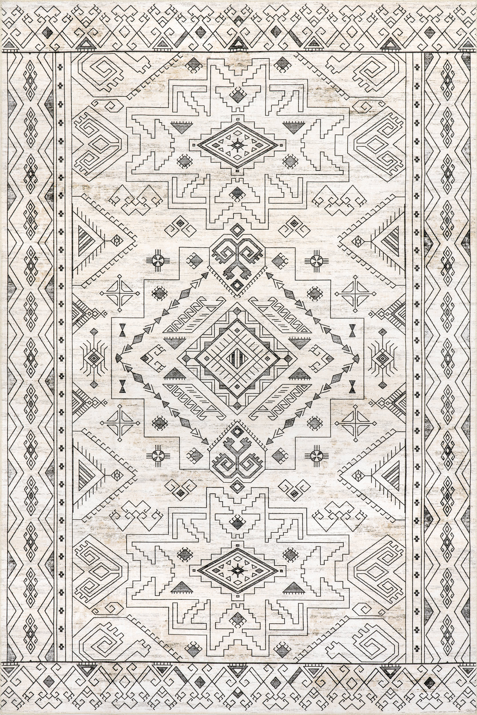 Marley Geometric Bordered Washable Rug | Light Grey