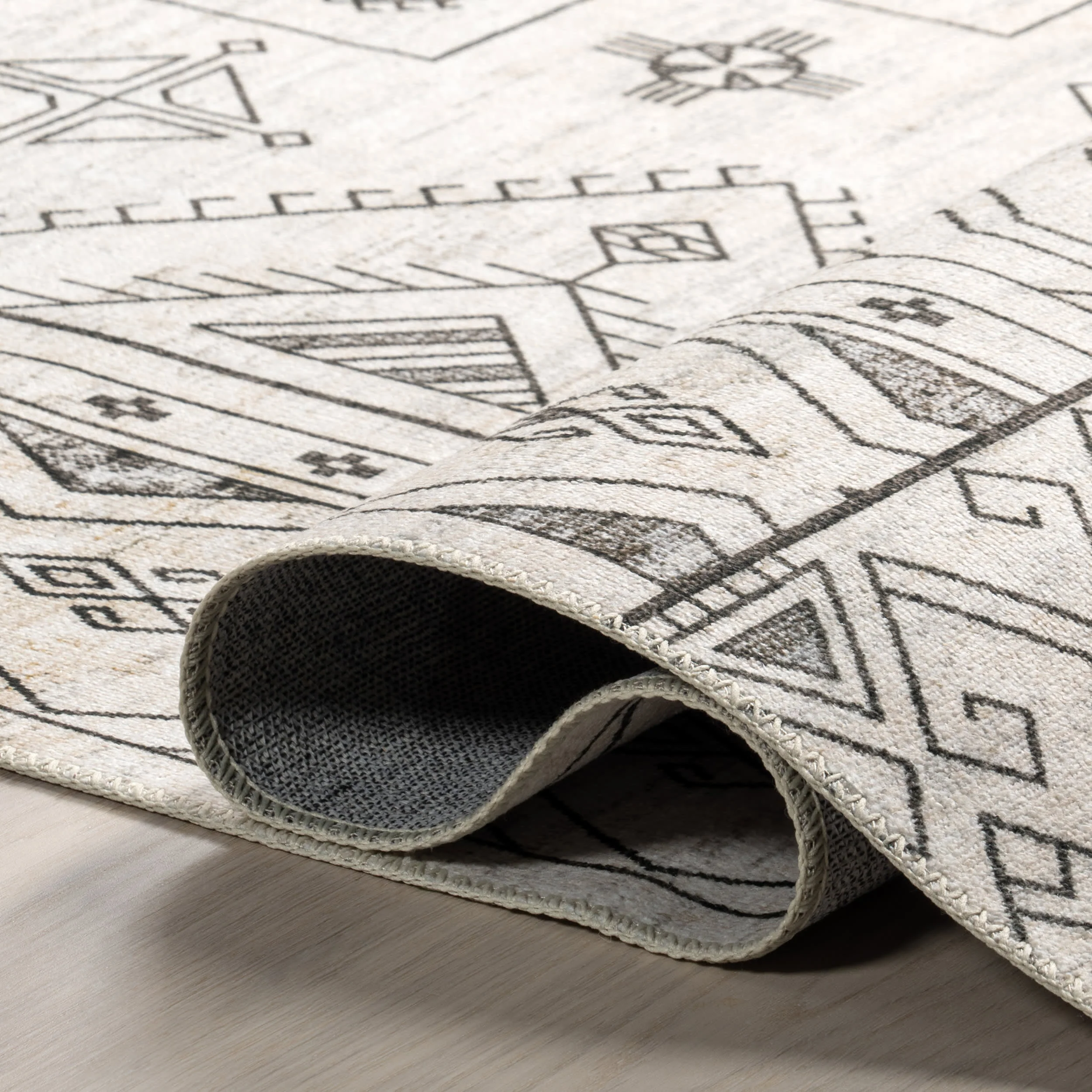 Marley Geometric Bordered Washable Rug | Light Grey - Image 8