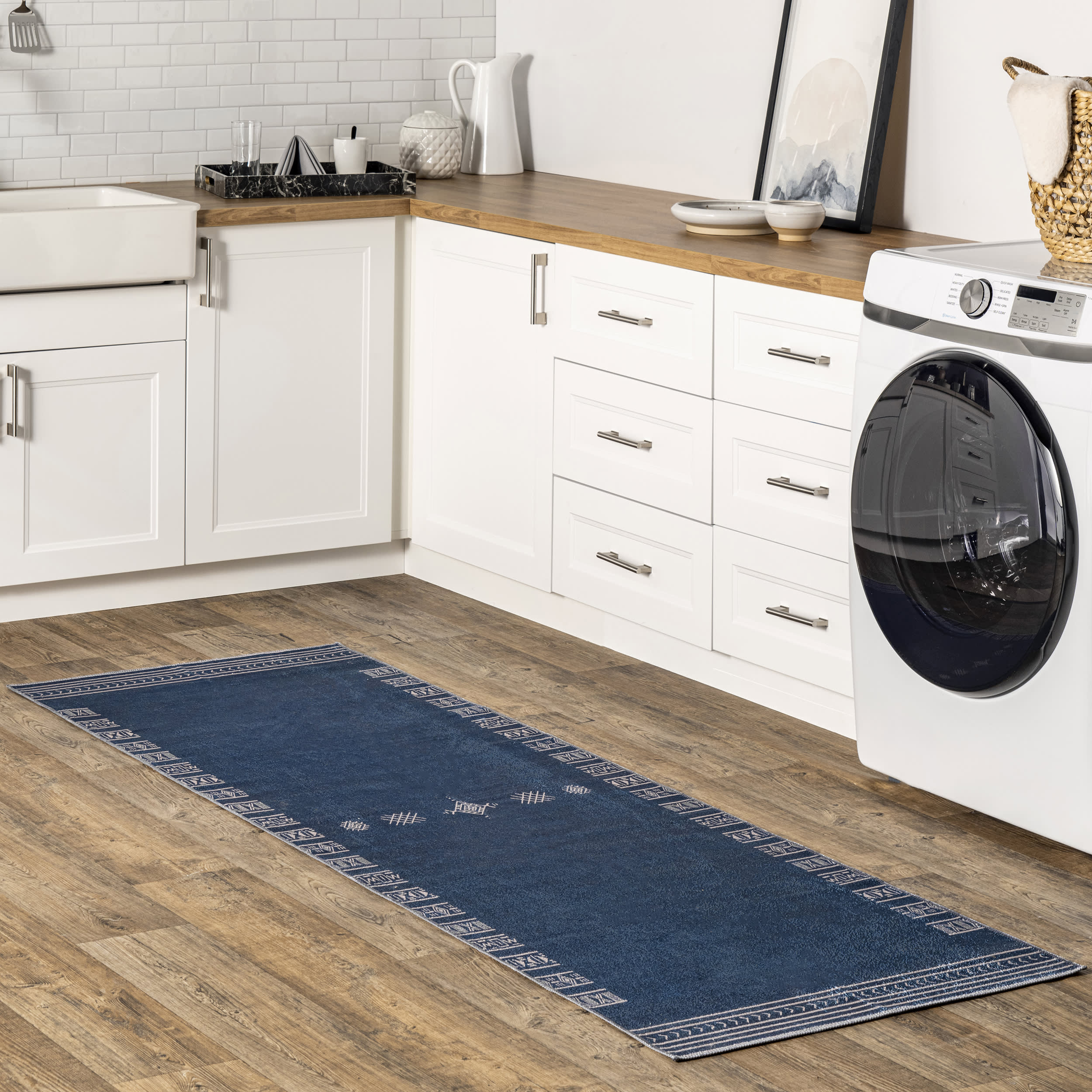 Martha Geometric Bordered Washable Rug | Navy - Image 2