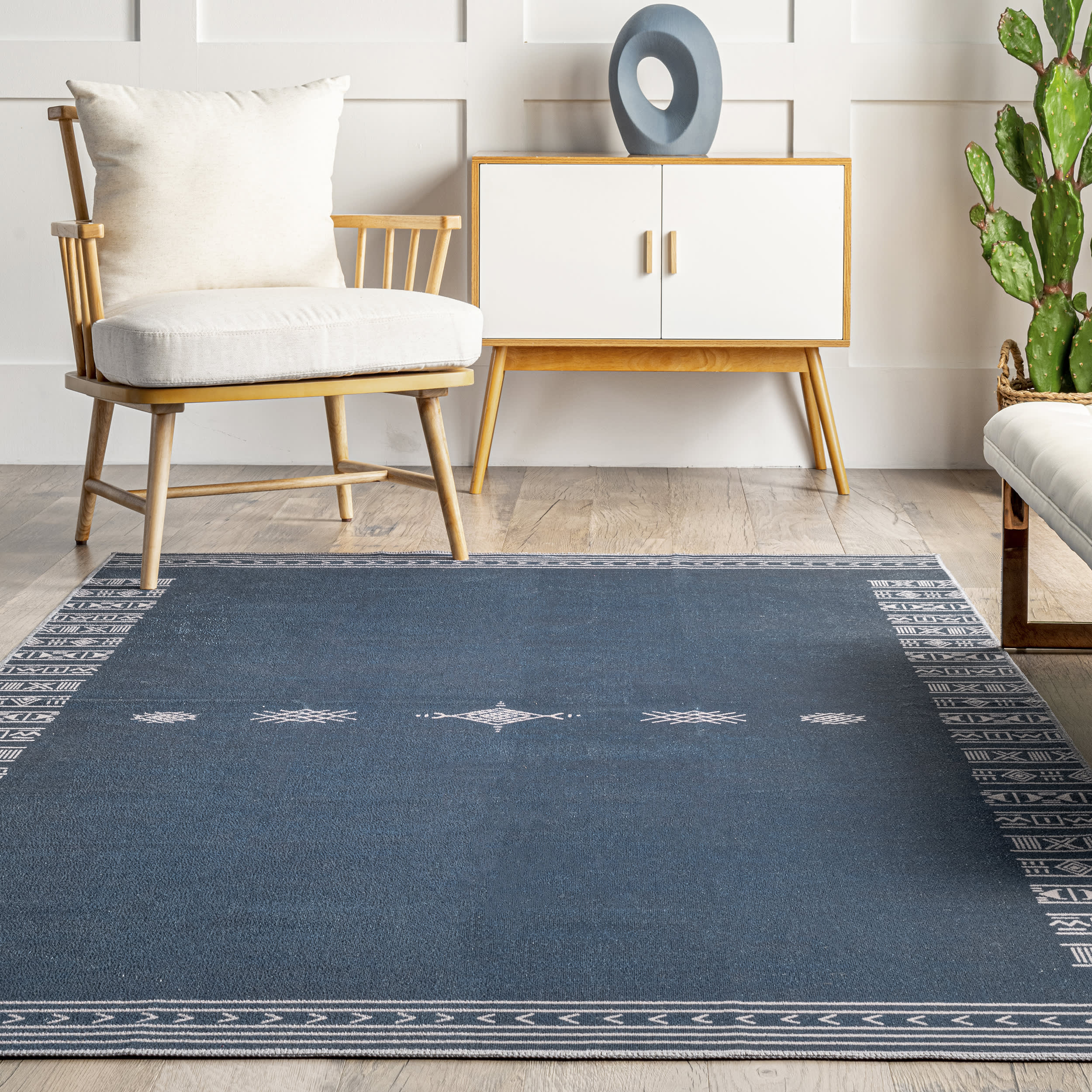 Martha Geometric Bordered Washable Rug | Navy - Image 4