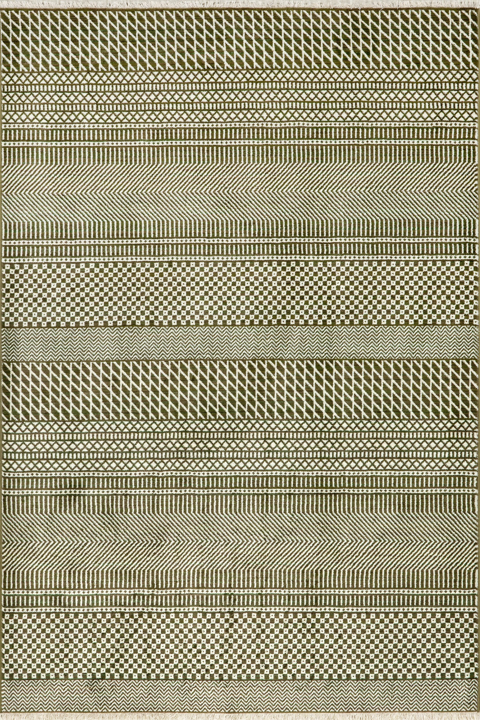 Maude Geometric Traditional Fringed Rug | Dark Sage