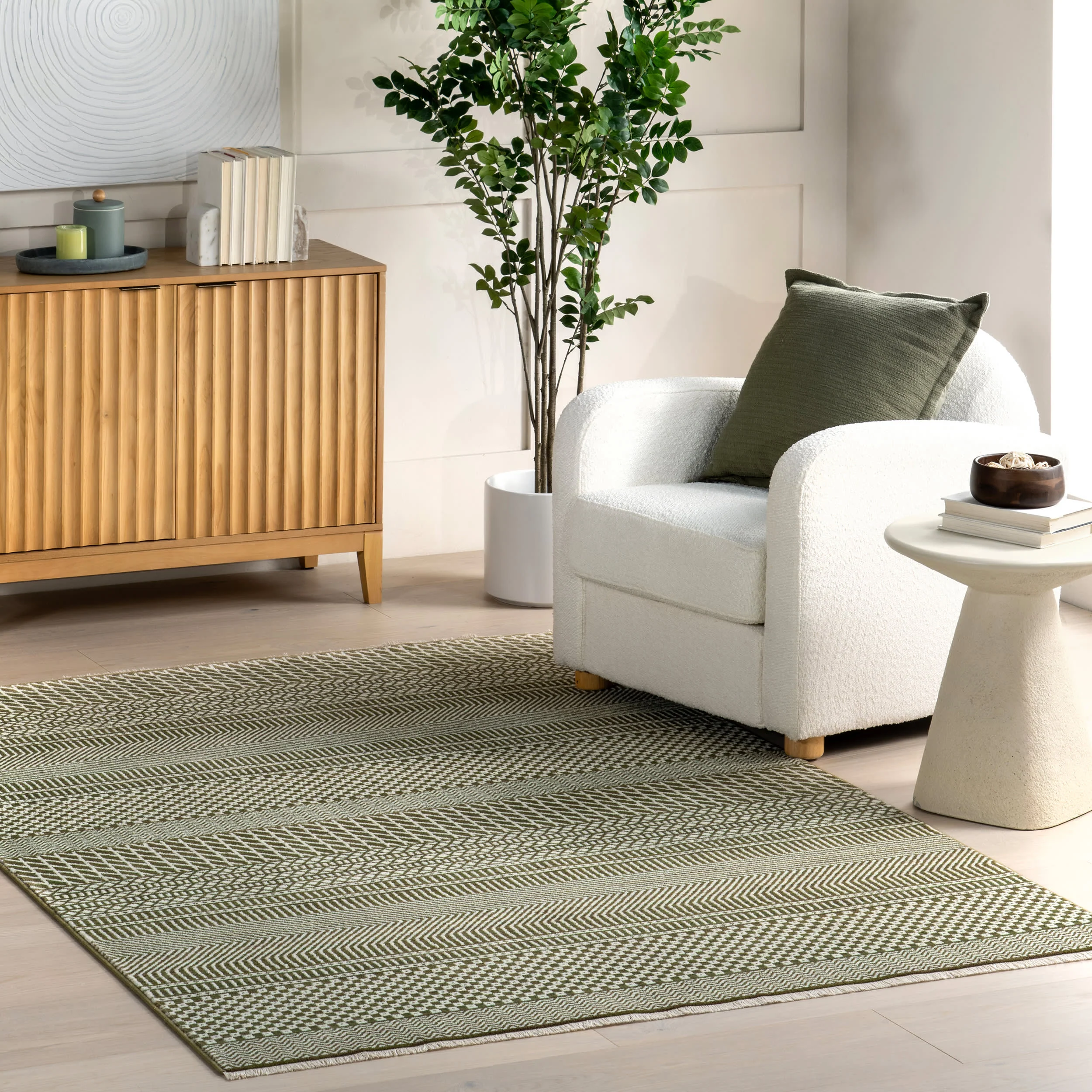 Maude Geometric Traditional Fringed Rug | Dark Sage - Image 2