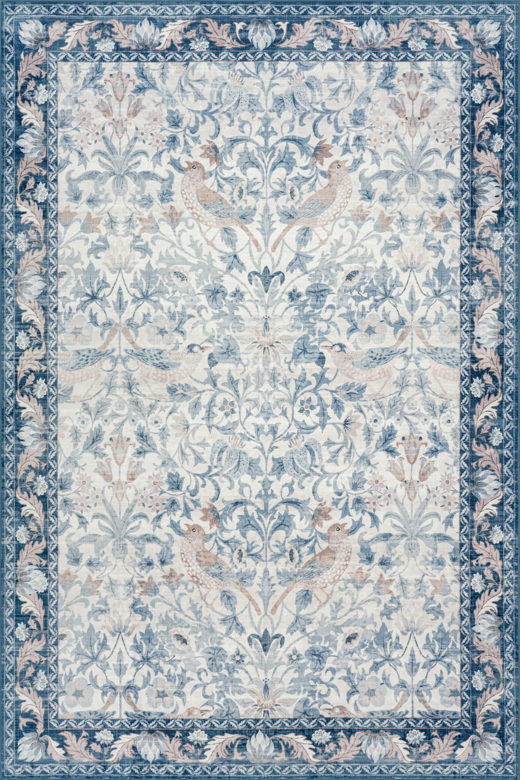 Mauri Bordered Floral and Paisley Washable Rug | Blue