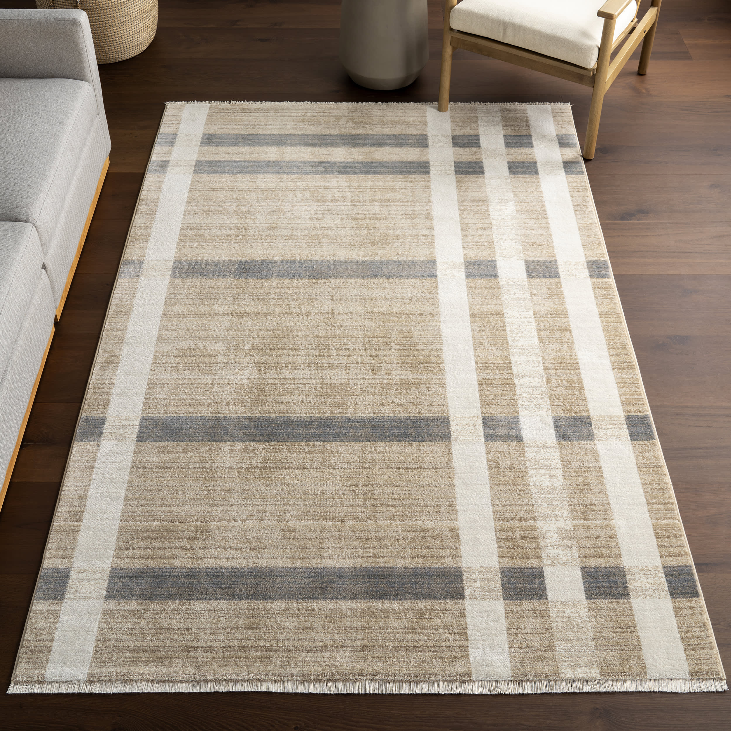 Mckinley Vintage Plaid Fringed Rug | Light Beige - Image 2