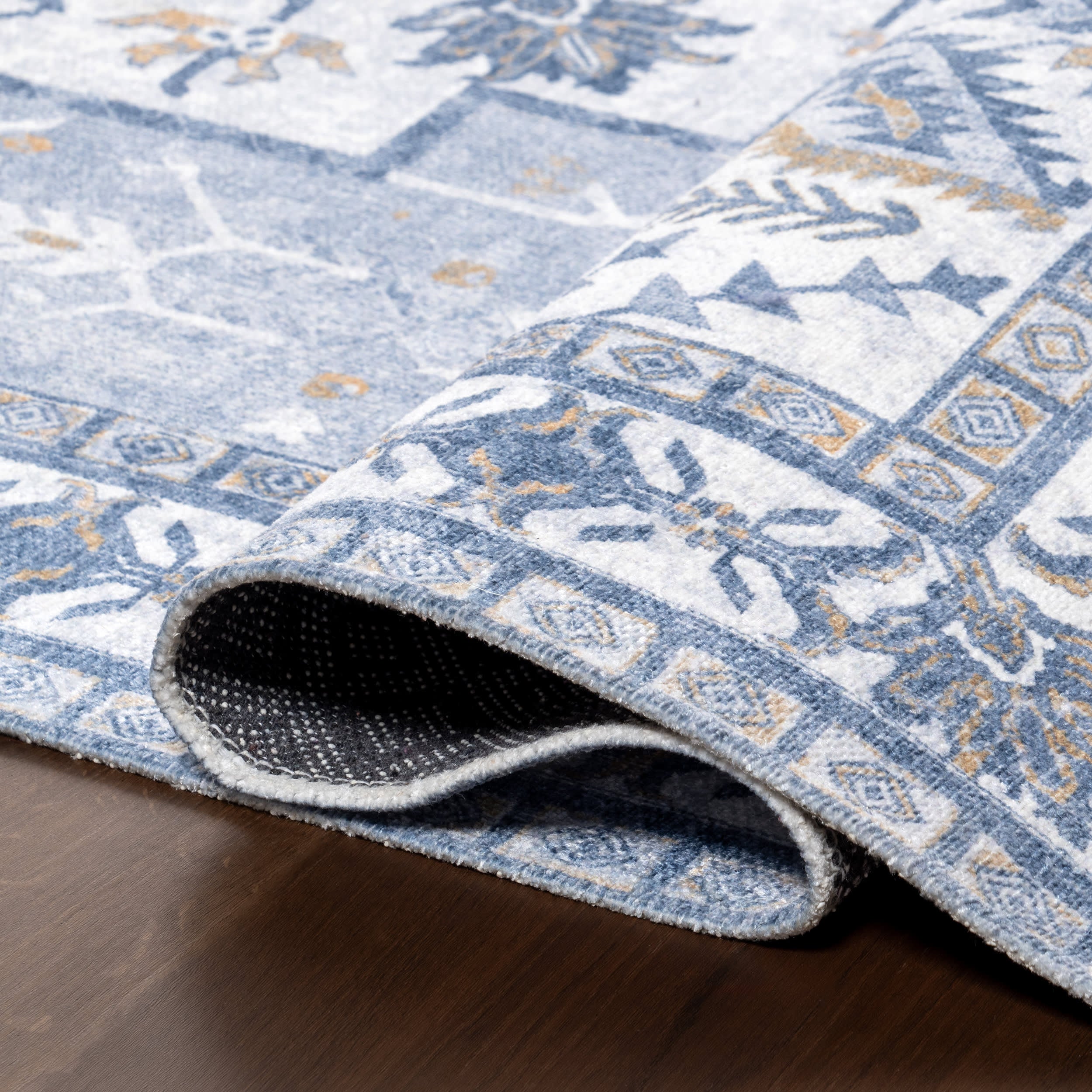 Mildred Fringed Vintage Medallion Washable Rug | Light Blue - Image 9