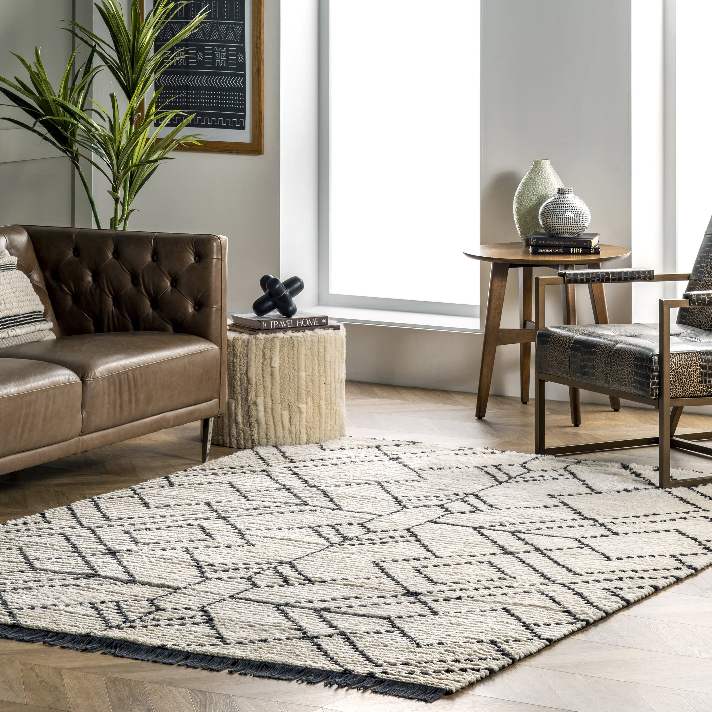 Modern Tracery Tasseled Rug | Beige - Image 2