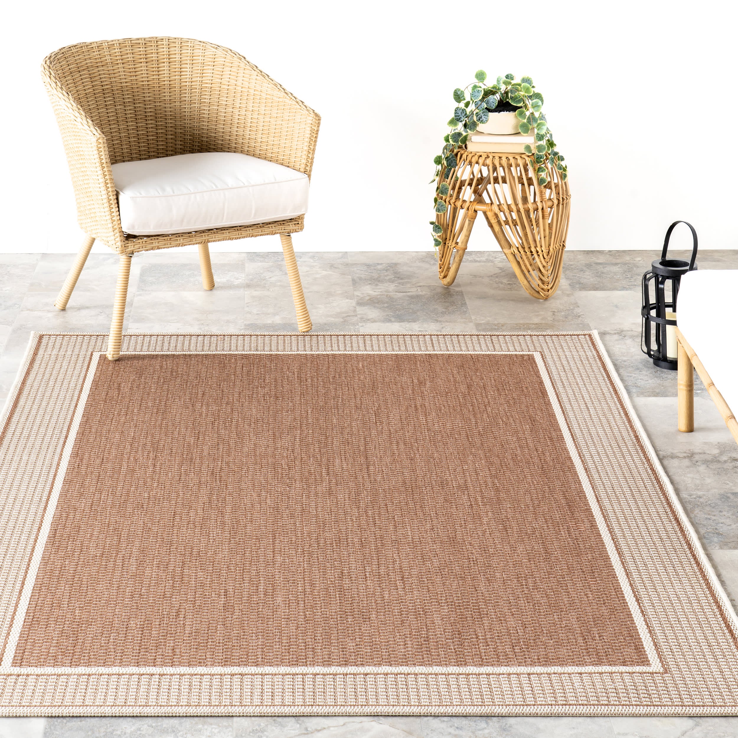 Monochrome Bordered Indoor/Outdoor Rug | Brown - Image 5
