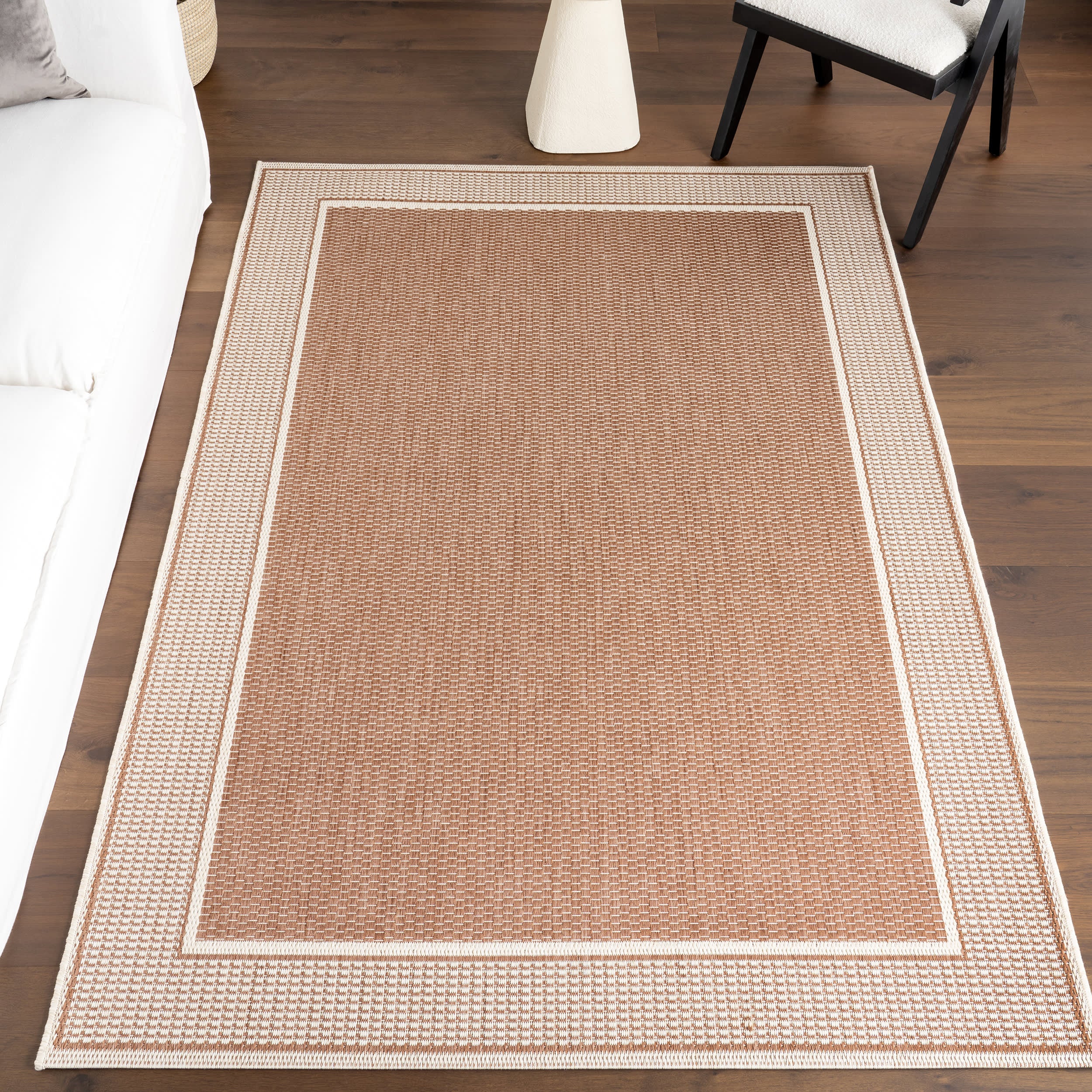 Monochrome Bordered Indoor/Outdoor Rug | Brown - Image 9