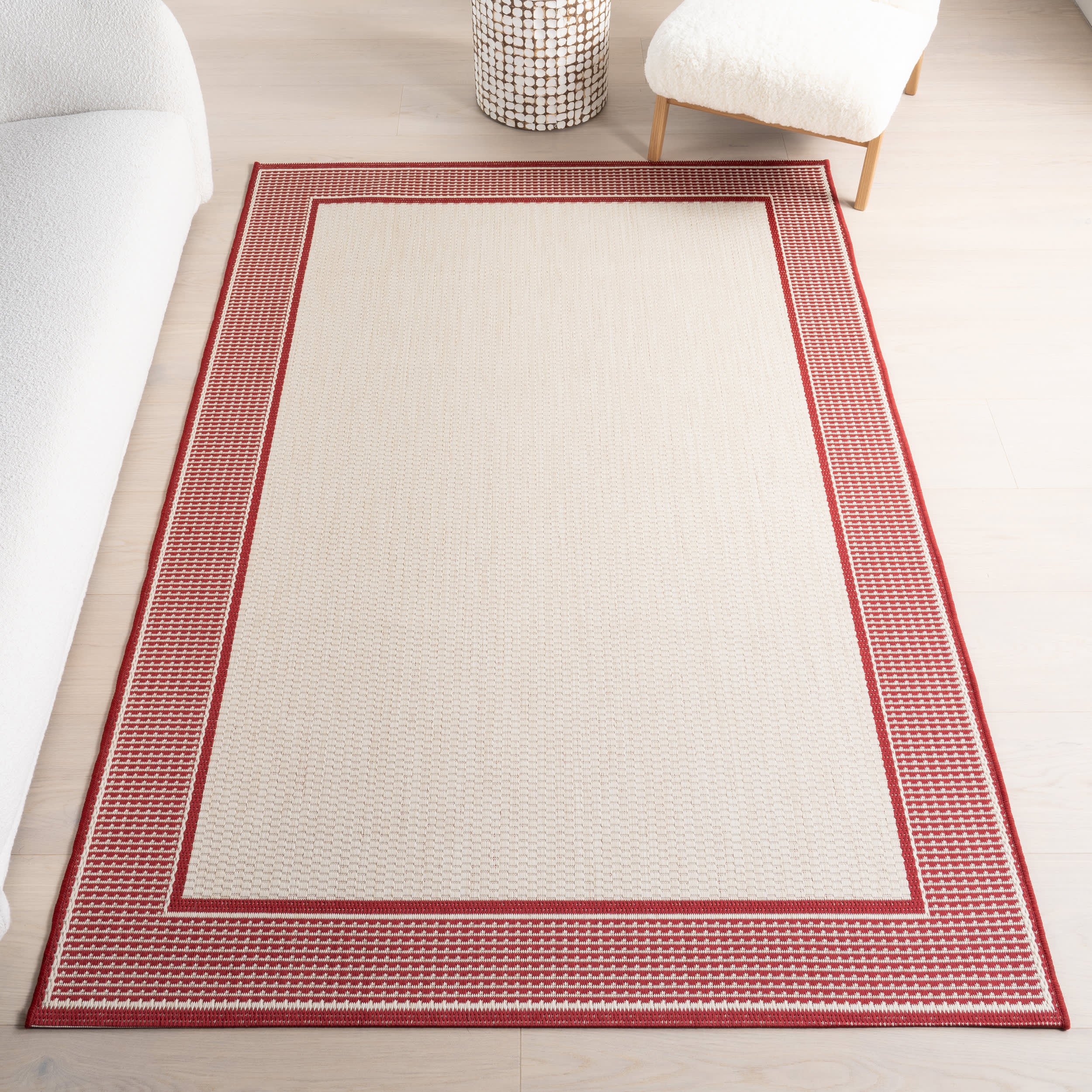 Monochrome Bordered Indoor/Outdoor Rug | Ivory - Image 9