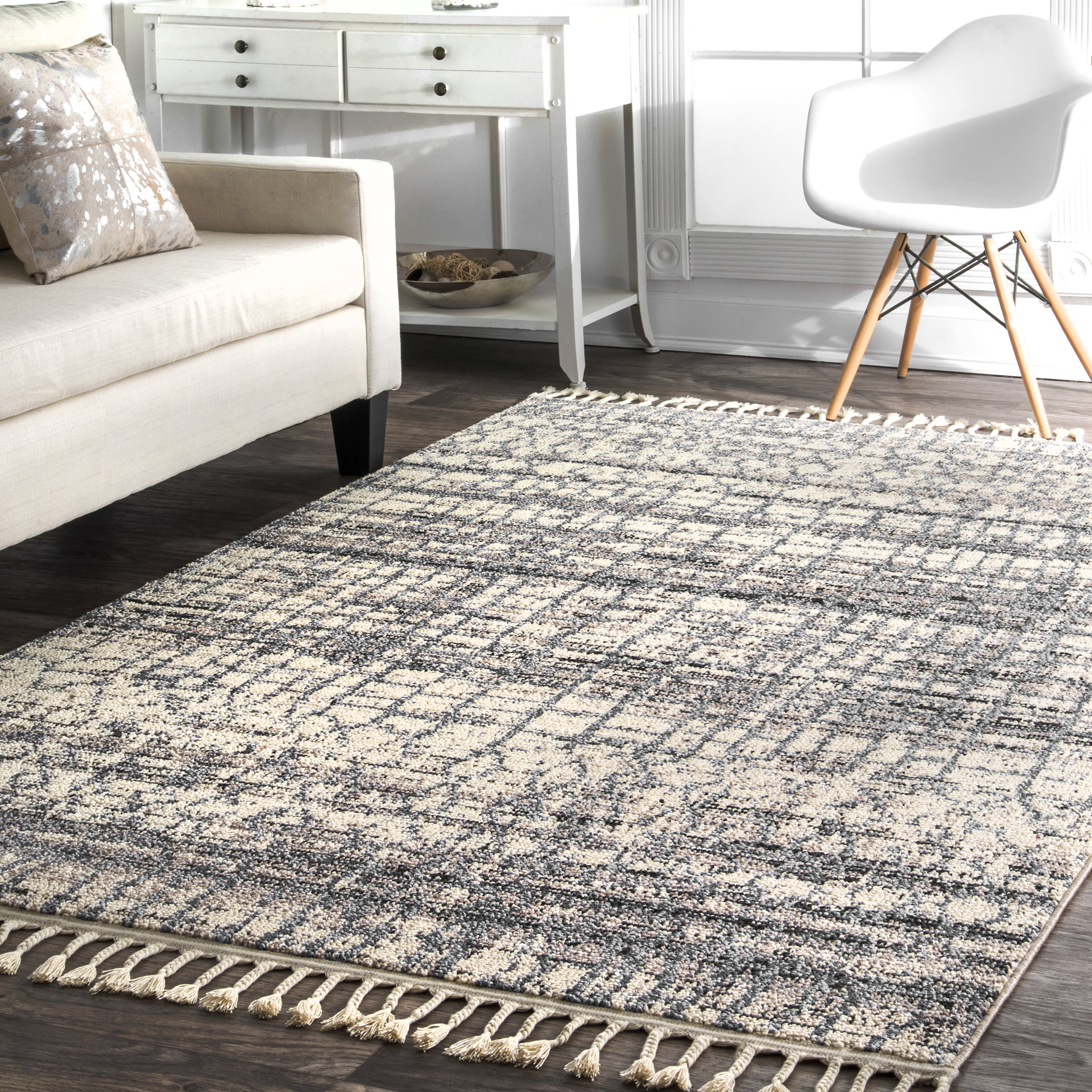 Moroccan Ashler Tassel Rug | Grey Multicolor - Image 2