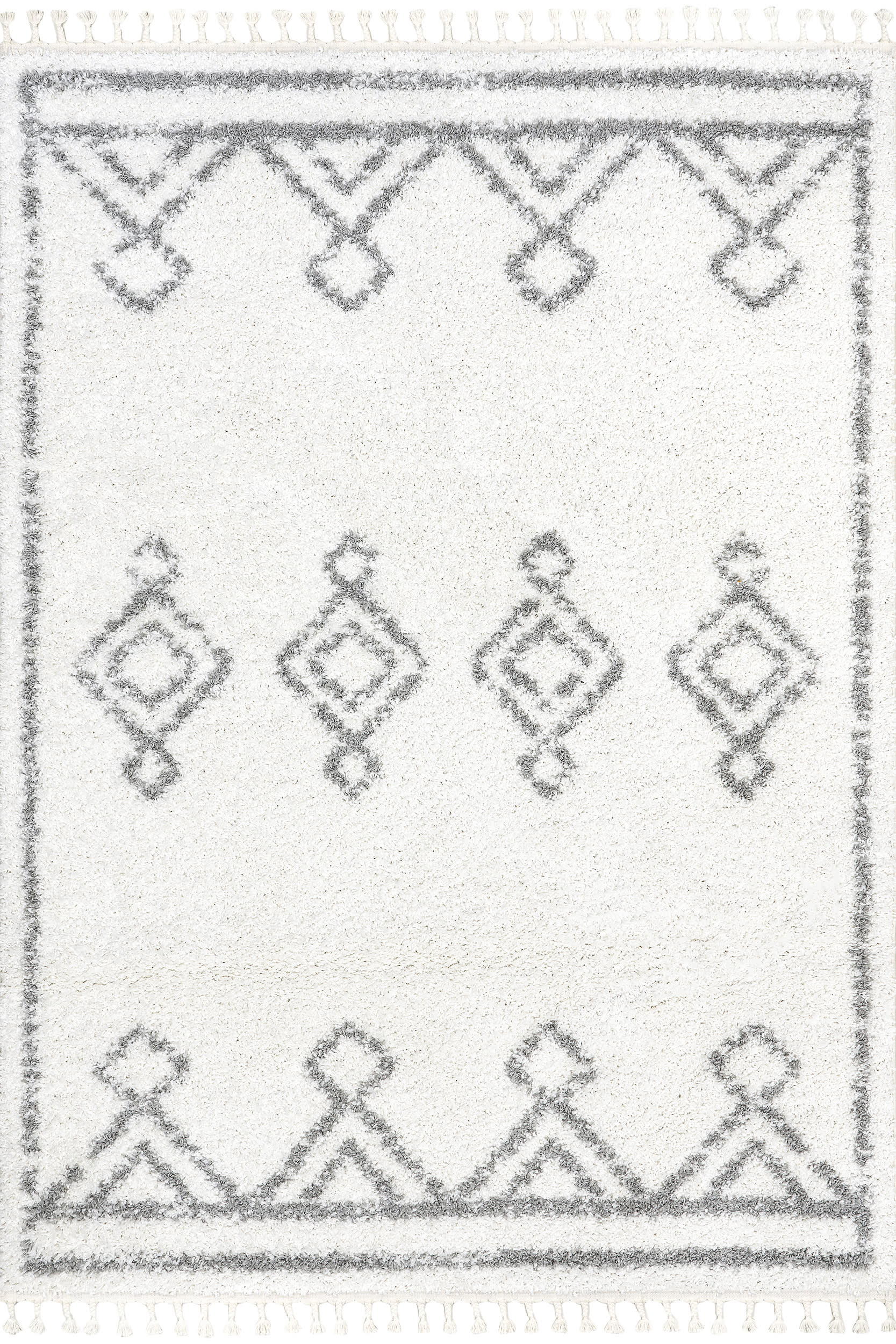 Moroccan Diamond Drop Tassel Rug | White