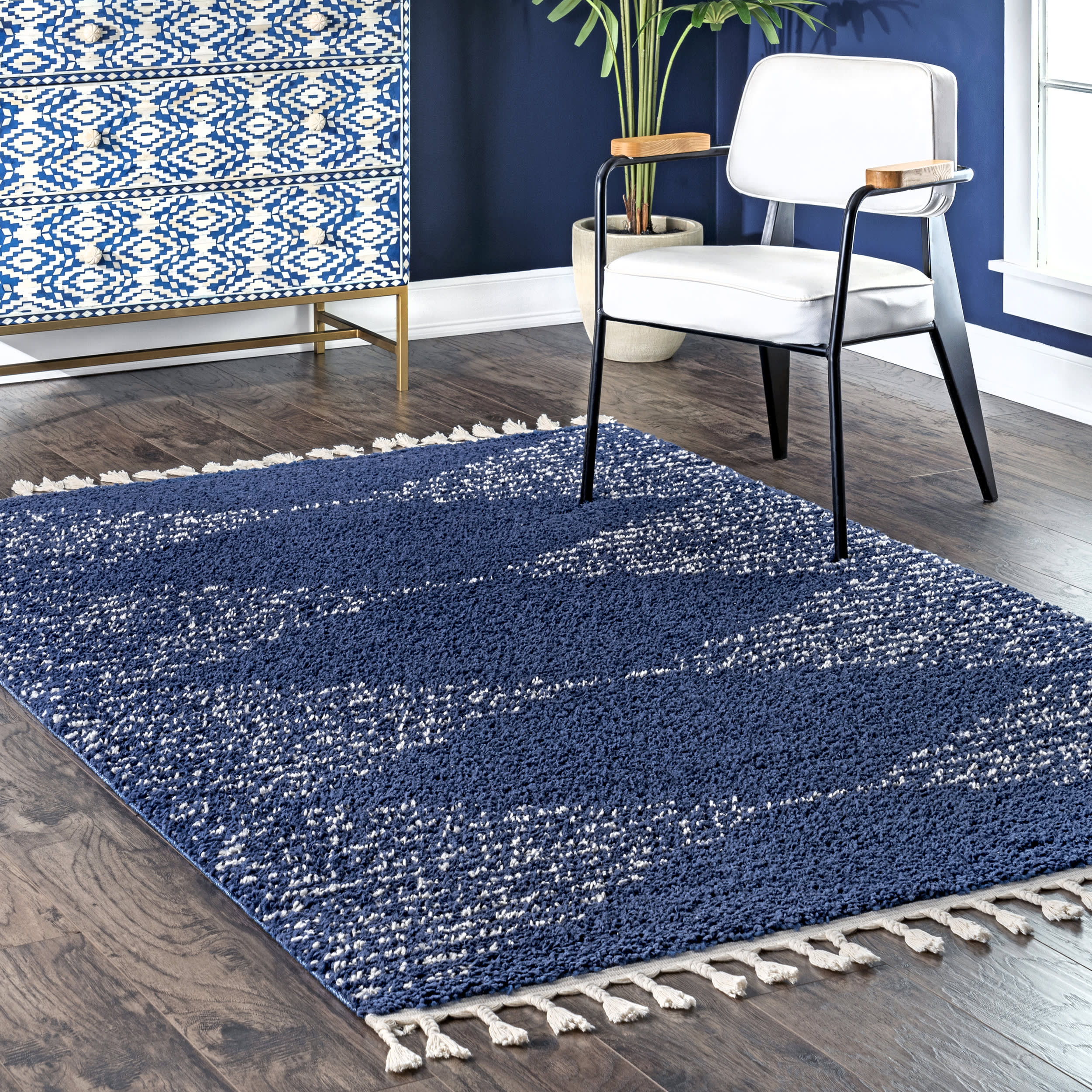 Moroccan Diamond Pinstripes Tassel Rug | Blue - Image 2