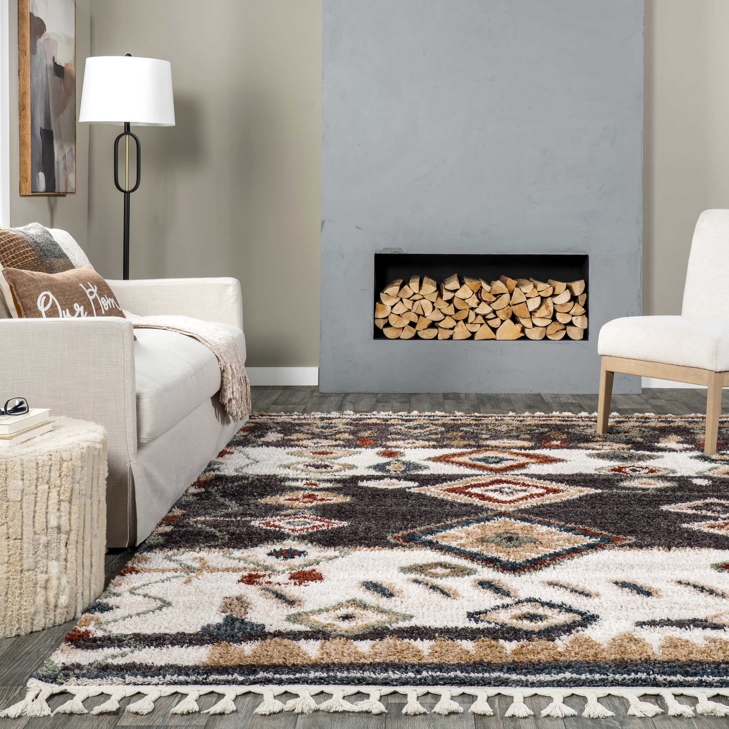 Moroccan Diamond Shag With Tassels Rug | Grey - Image 4