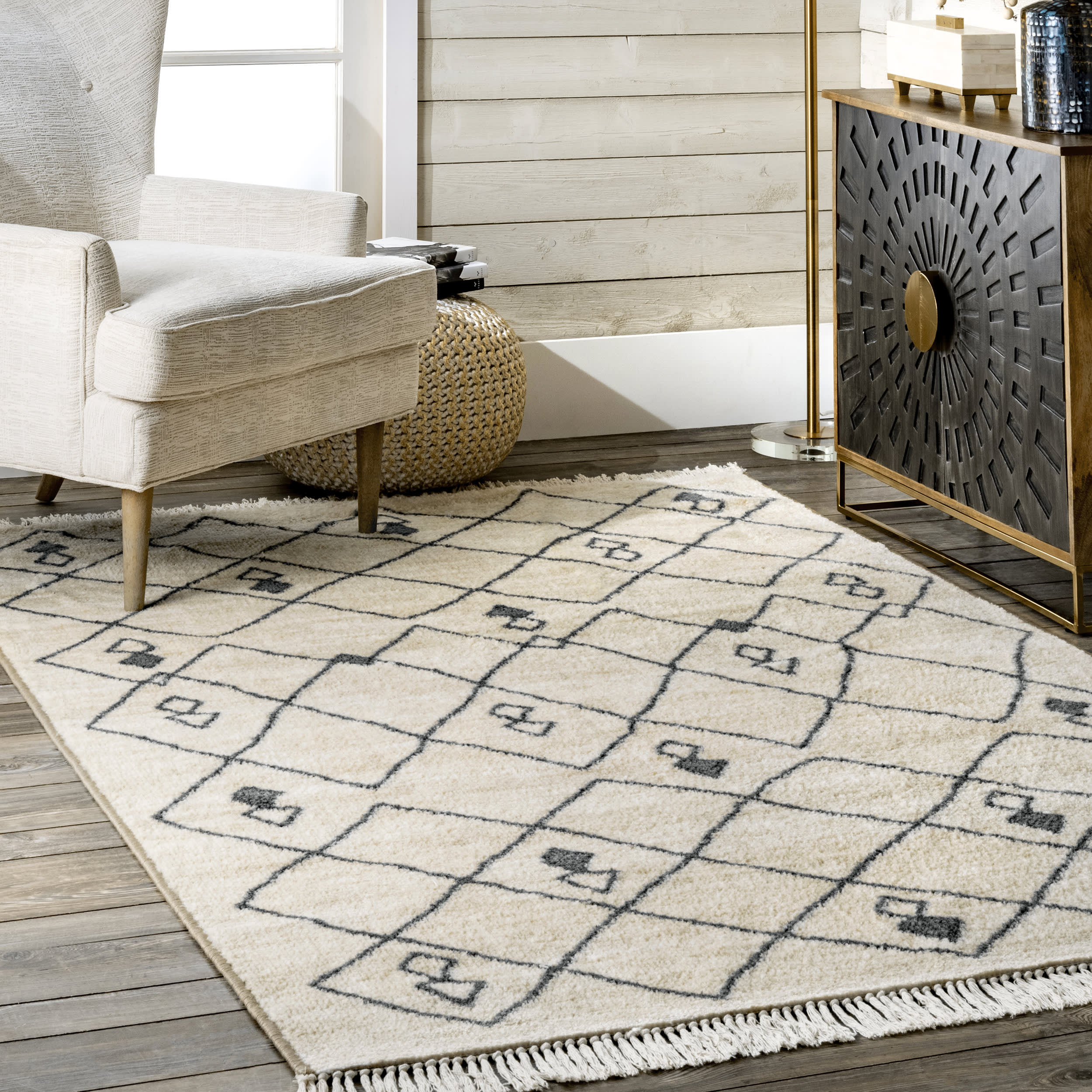 Moroccan Trellis Non-Slip Backing Rug | Beige - Image 2