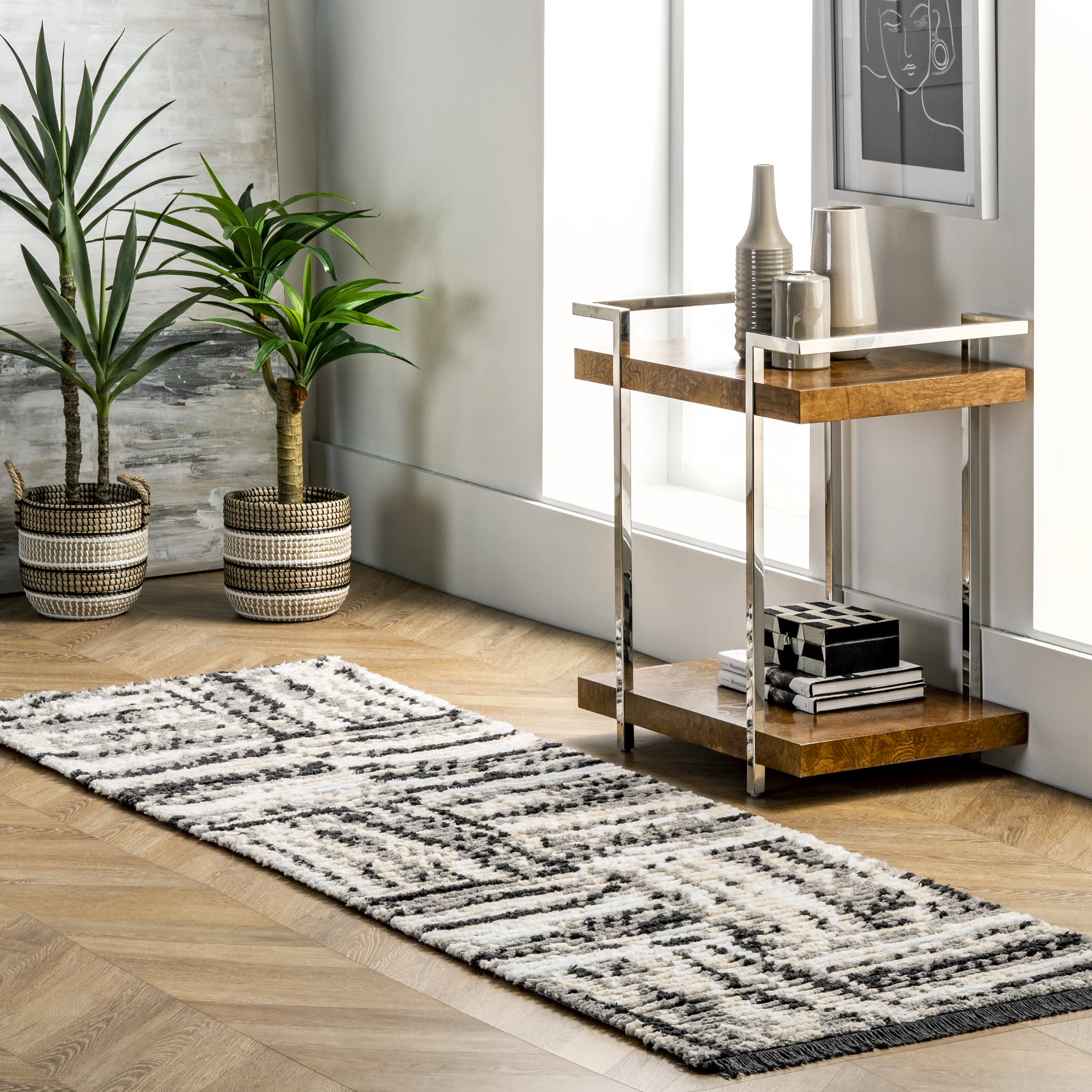 Mottled Tiles Tasseled Rug | Beige - Image 2