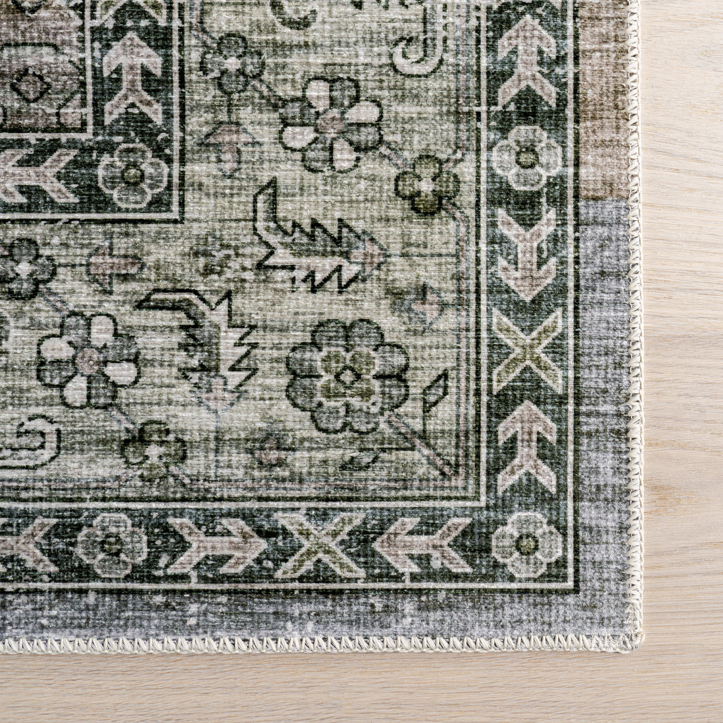 Myrtle Spill Proof Washable Vintage Rug | Sage Green - Image 4