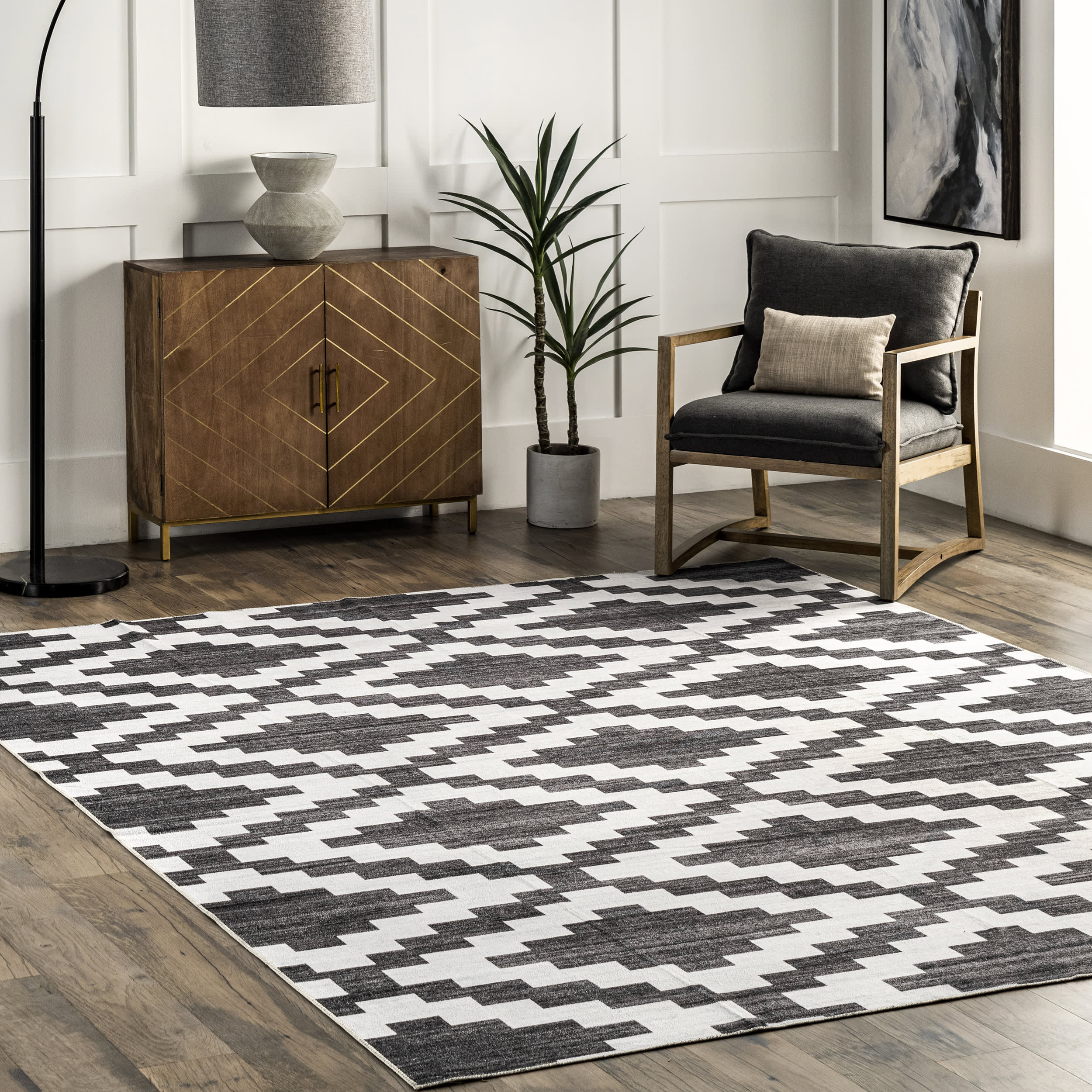 Natalie Washable Diamond Rug | Charcoal - Image 2