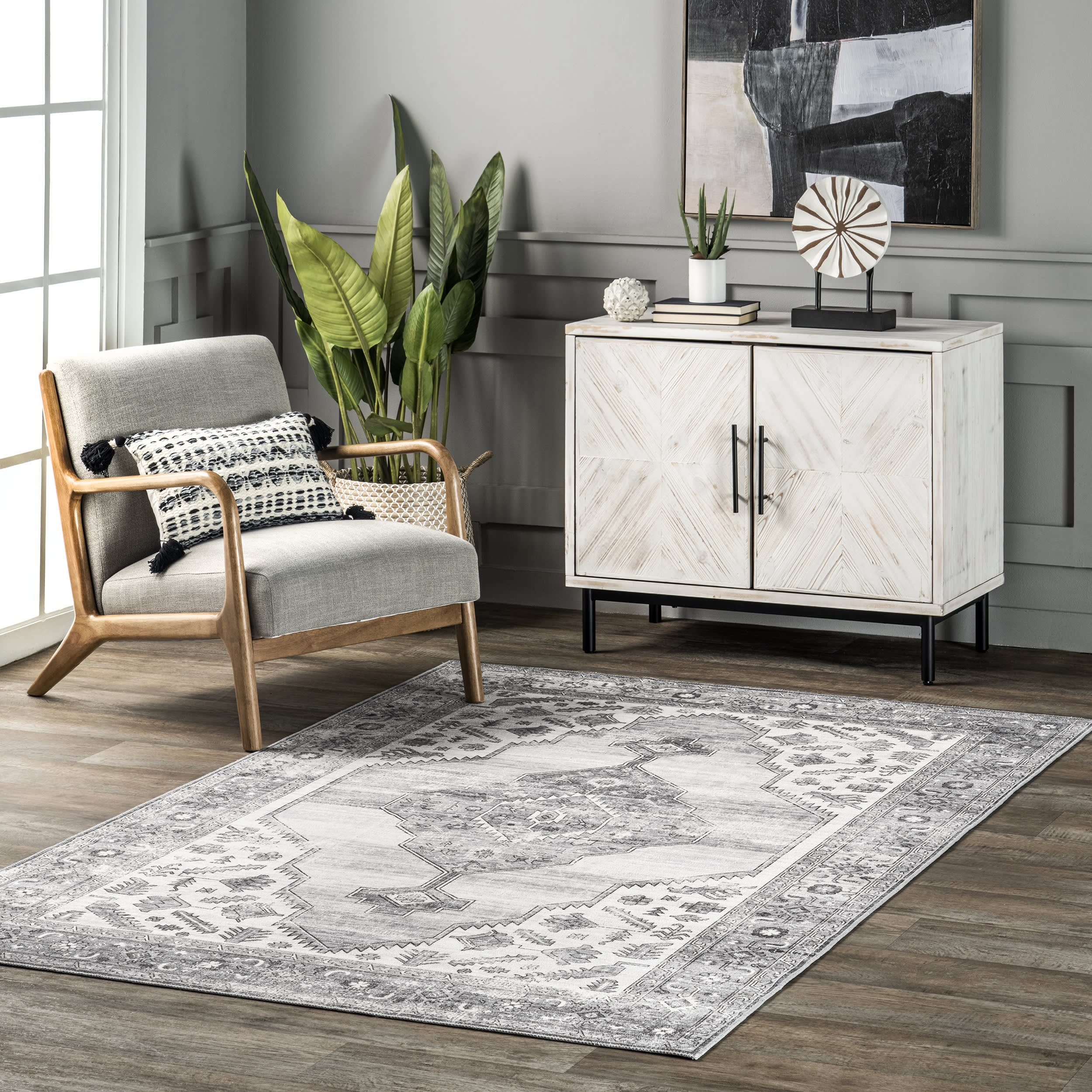 Native Iris Medallion Washable Rug | Grey - Image 2