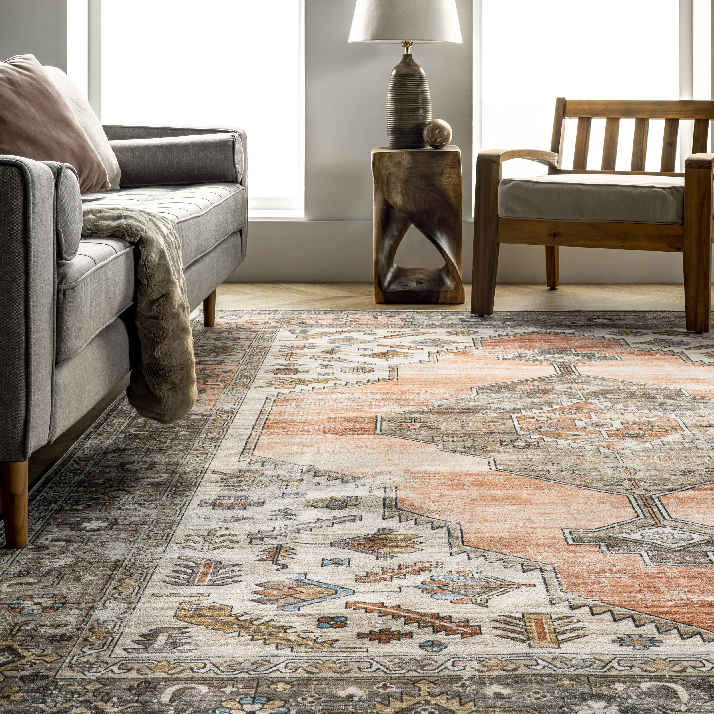 Native Iris Medallion Washable Rug | Peach - Image 4