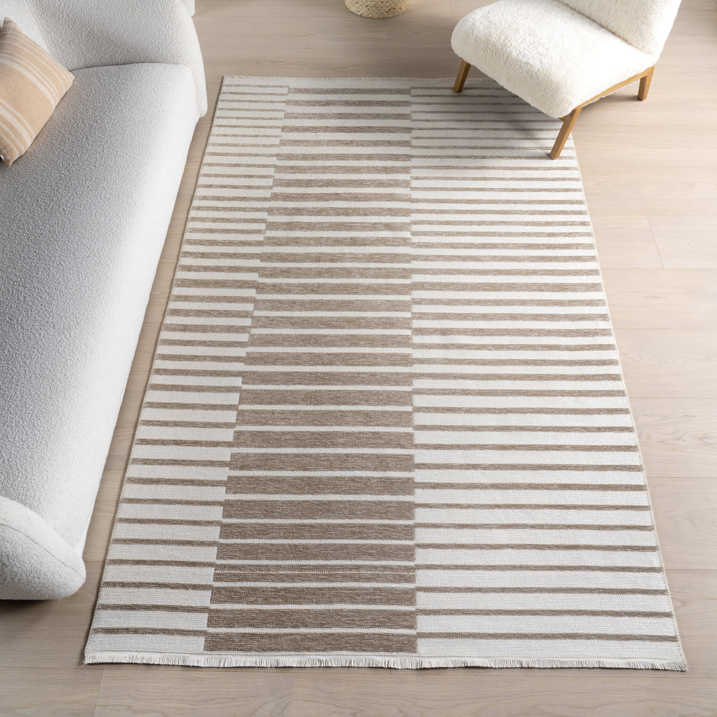 Nova Striped Checkerboard Reversible Washable Rug | Taupe - Image 10