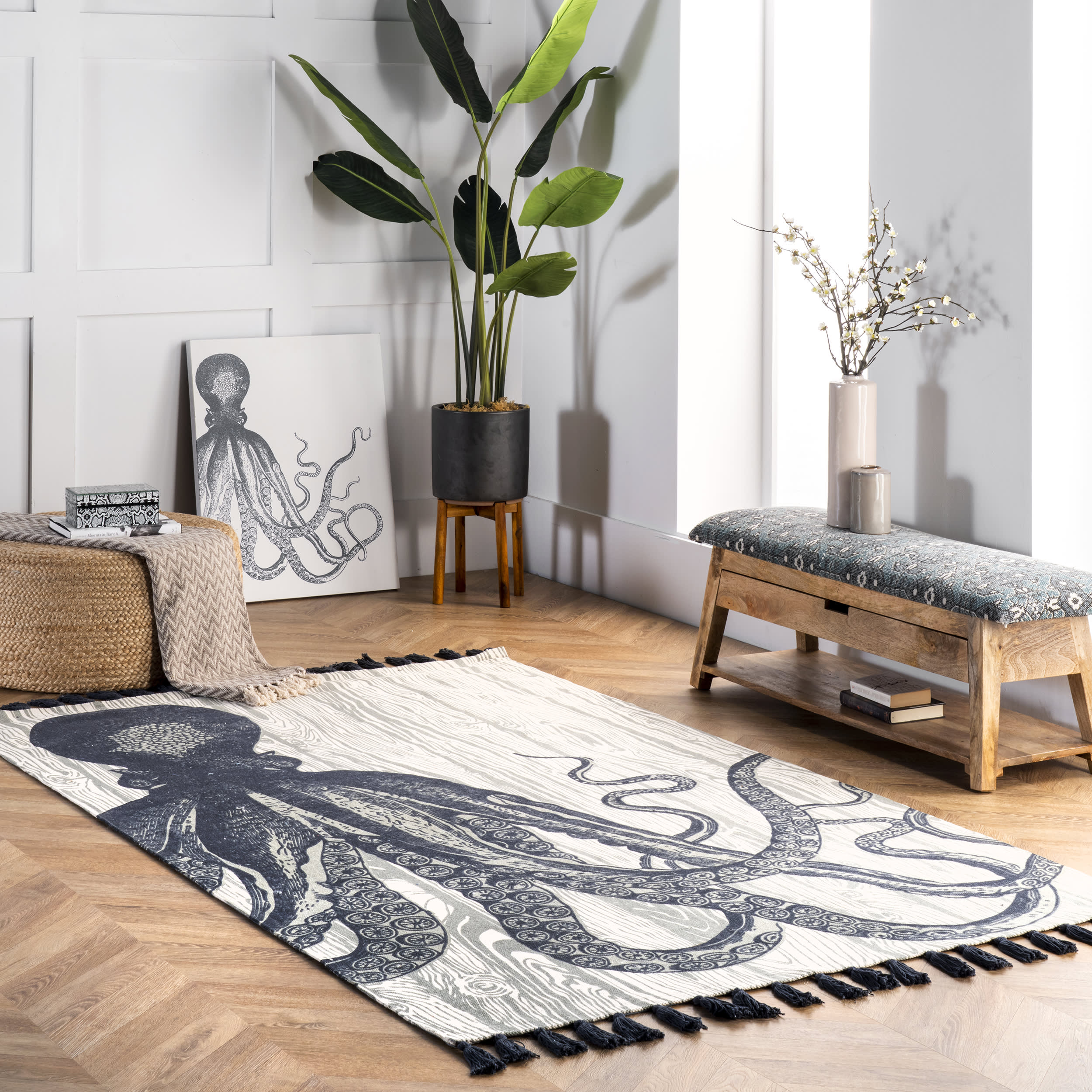 Octopus Over Board Tassel Rug | Ivory - Image 2