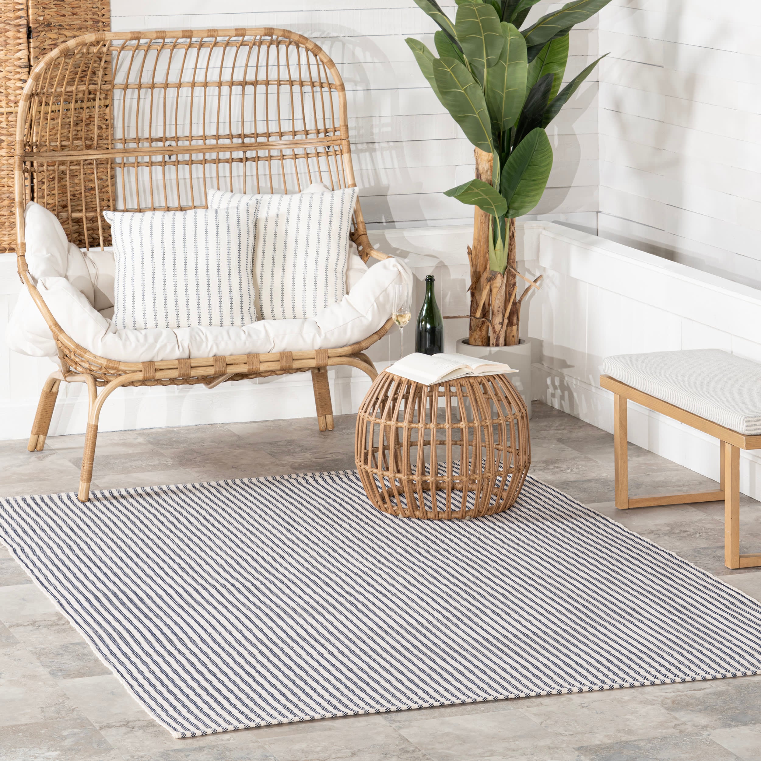 Pinstripe Handwoven Indoor/Outdoor Rug | Blue - Image 2