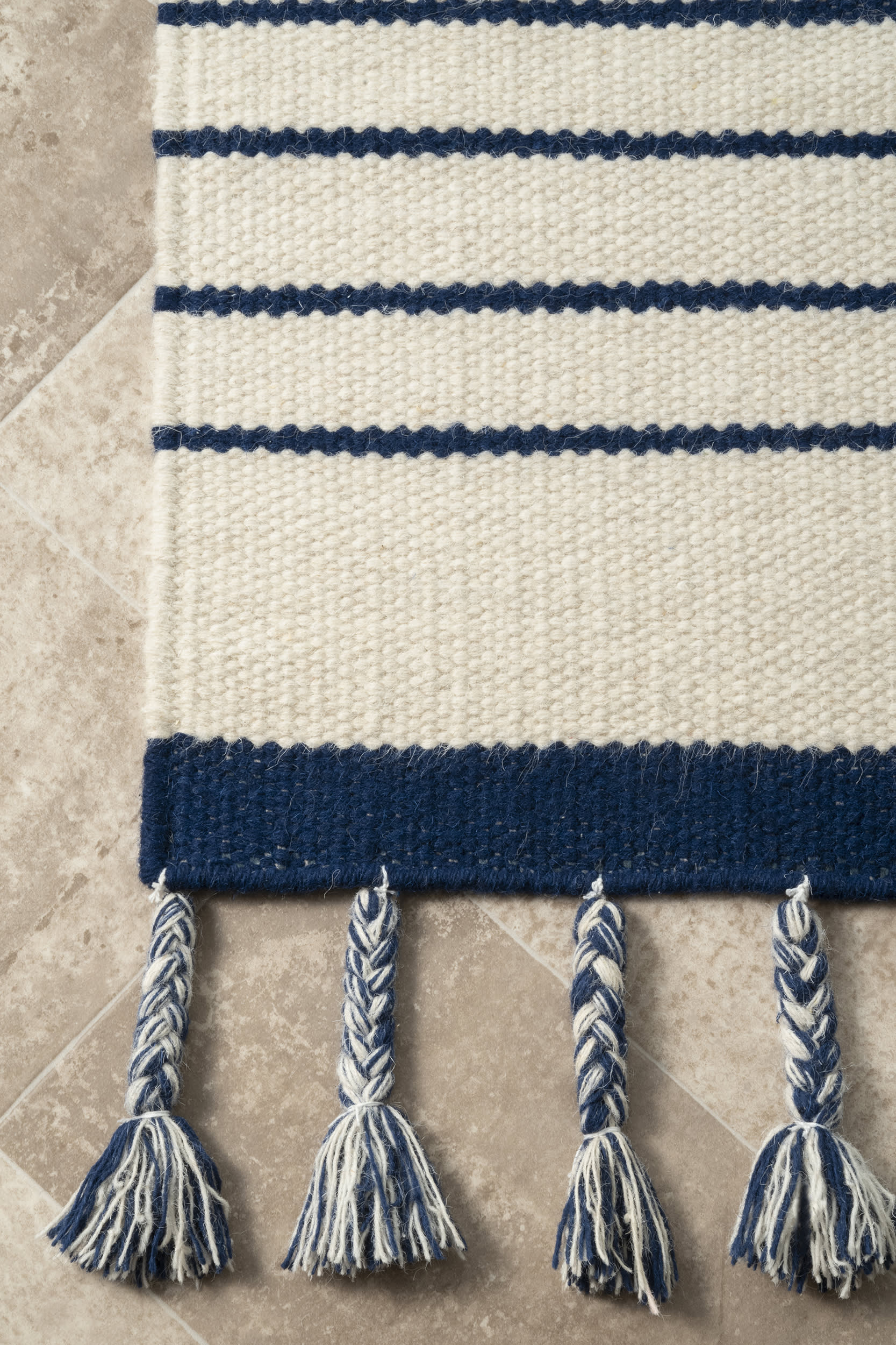 Pinstriped Flatweave With Tassels Rug | Blue - Image 3