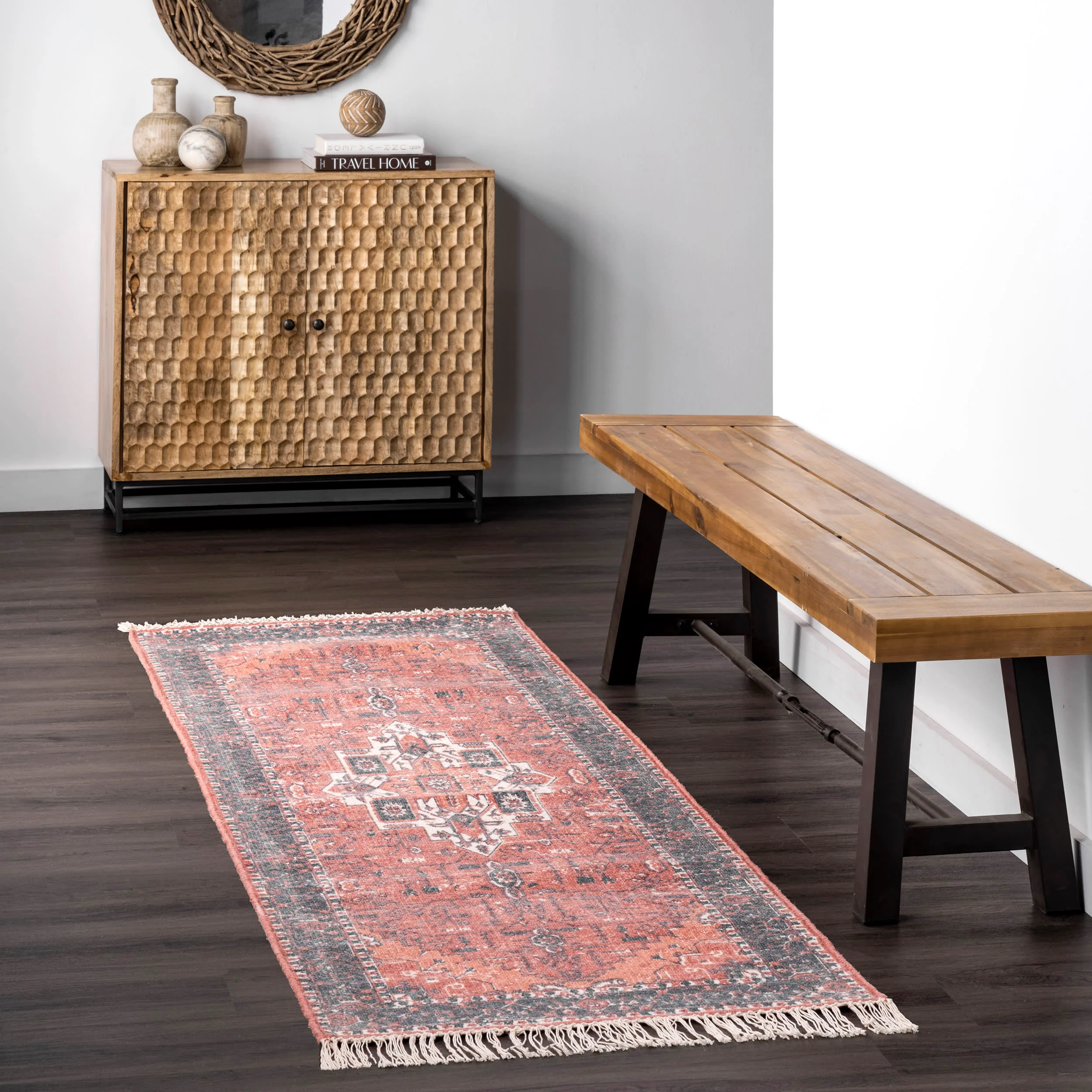 Printed Floral Medallion Tasseled Rug | Rust - Image 2