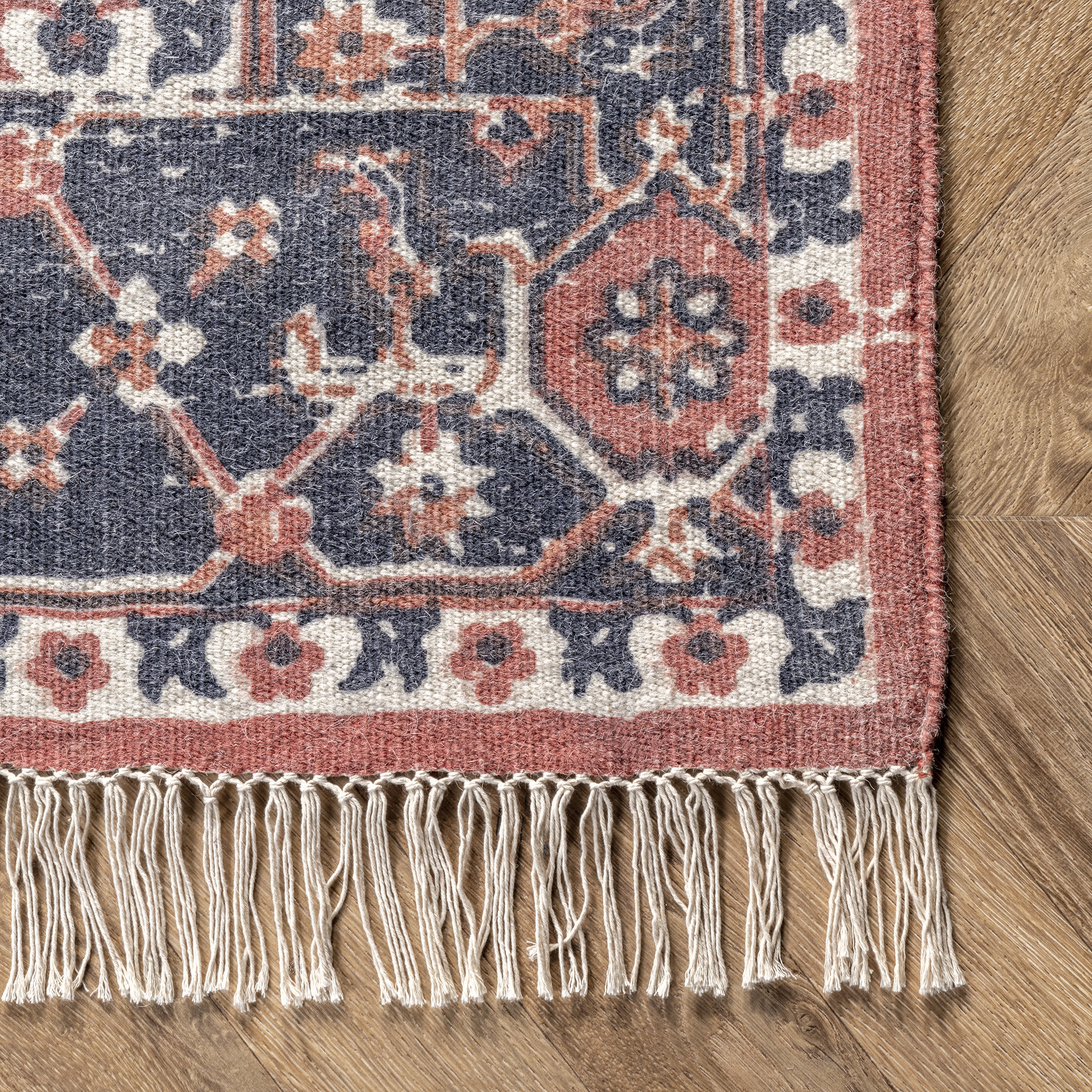Printed Floral Medallion Tasseled Rug | Rust - Image 3