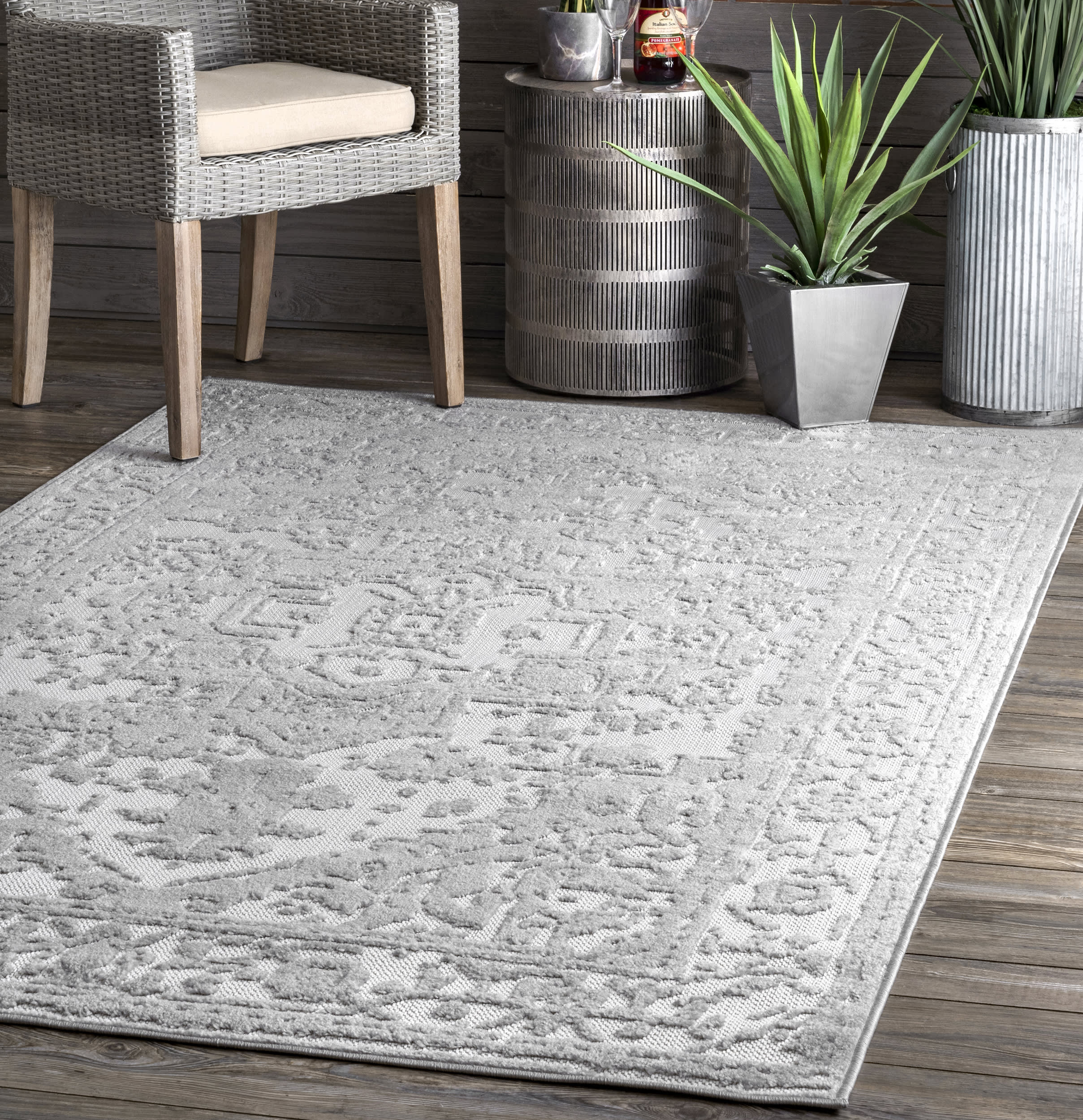 Raised Floral Medallion Indoor/Outdoor Rug | Grey - Image 2