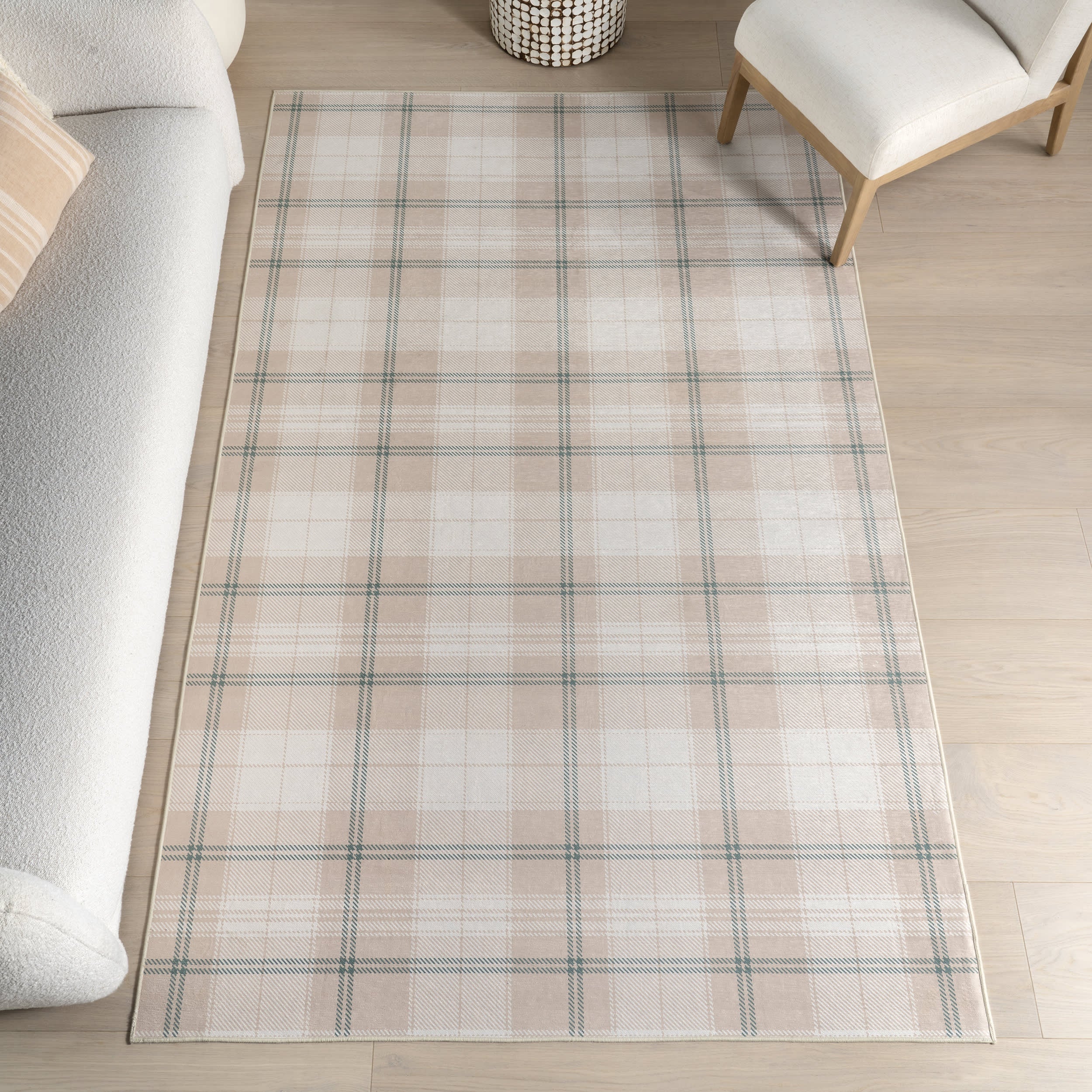 Raye Plaid Spill Proof Washable Rug | Beige - Image 2