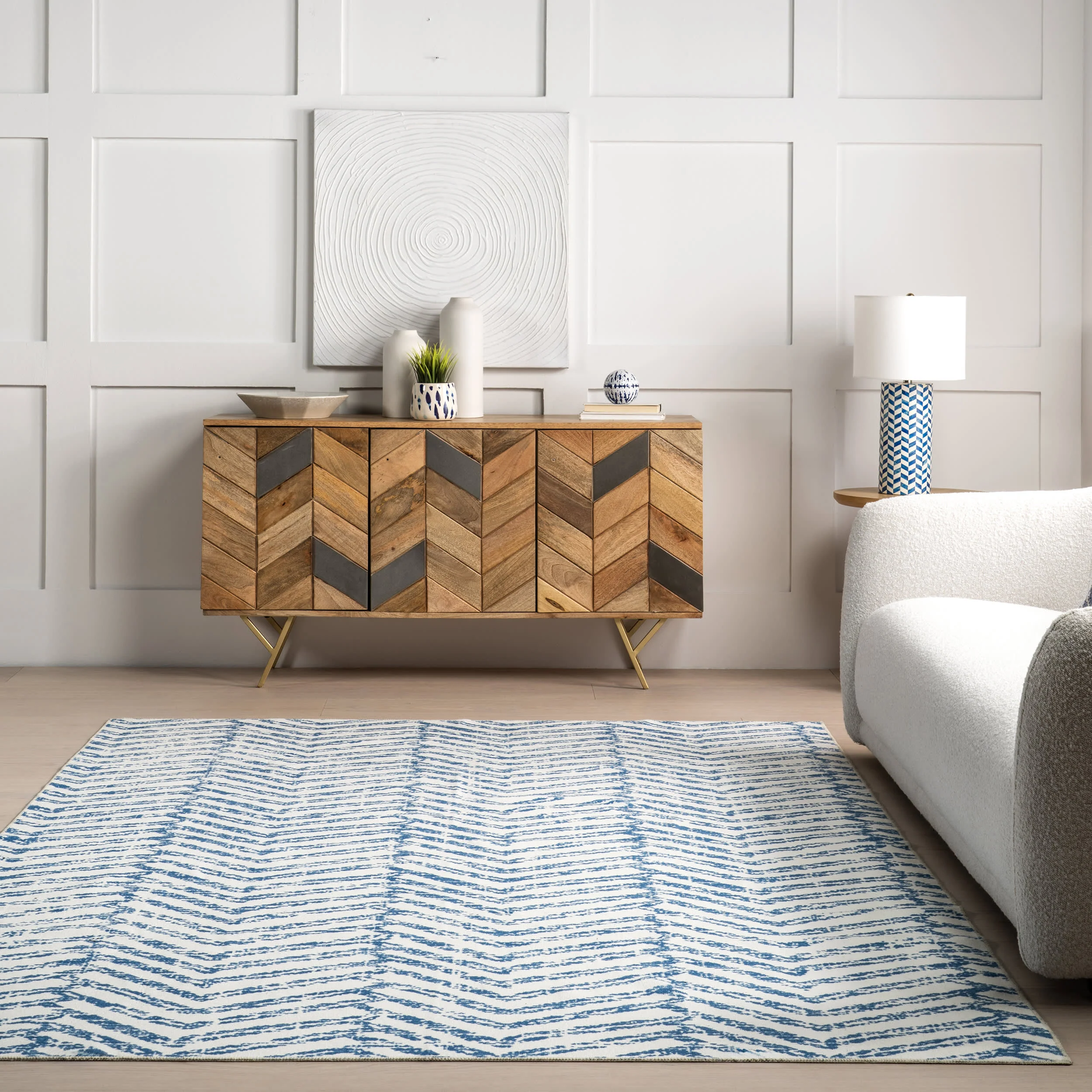 Reverse Herringbone Spill Proof Washable Rug | Blue - Image 4