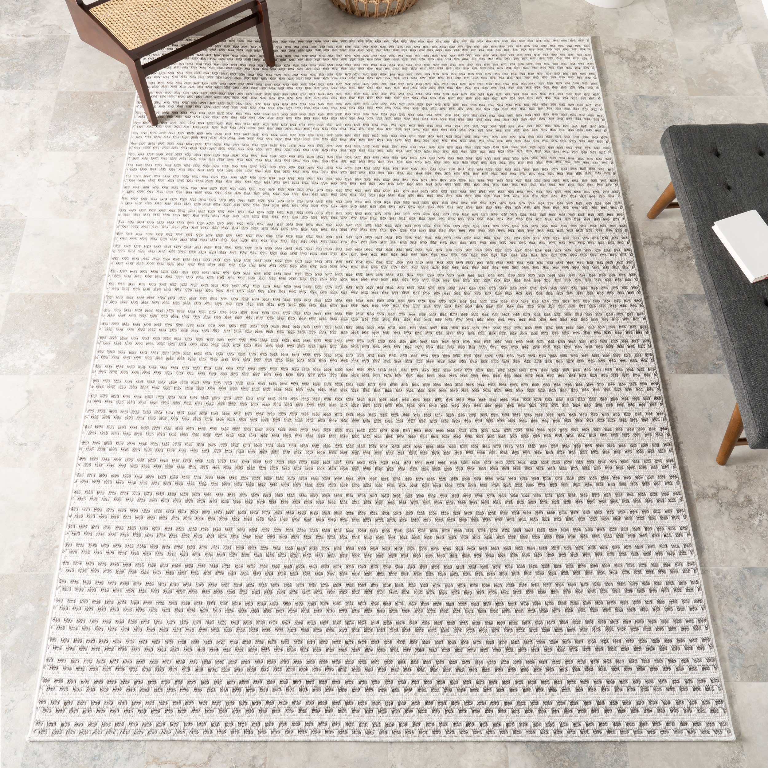 Reyna Checkered Stripes Indoor/Outdoor Rug | Cream - Image 2