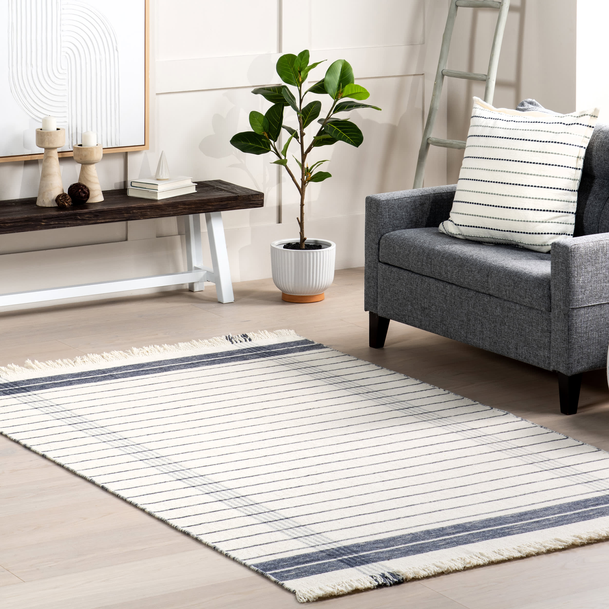 Rosalina Plaid Fringed Rug | Ivory - Image 2