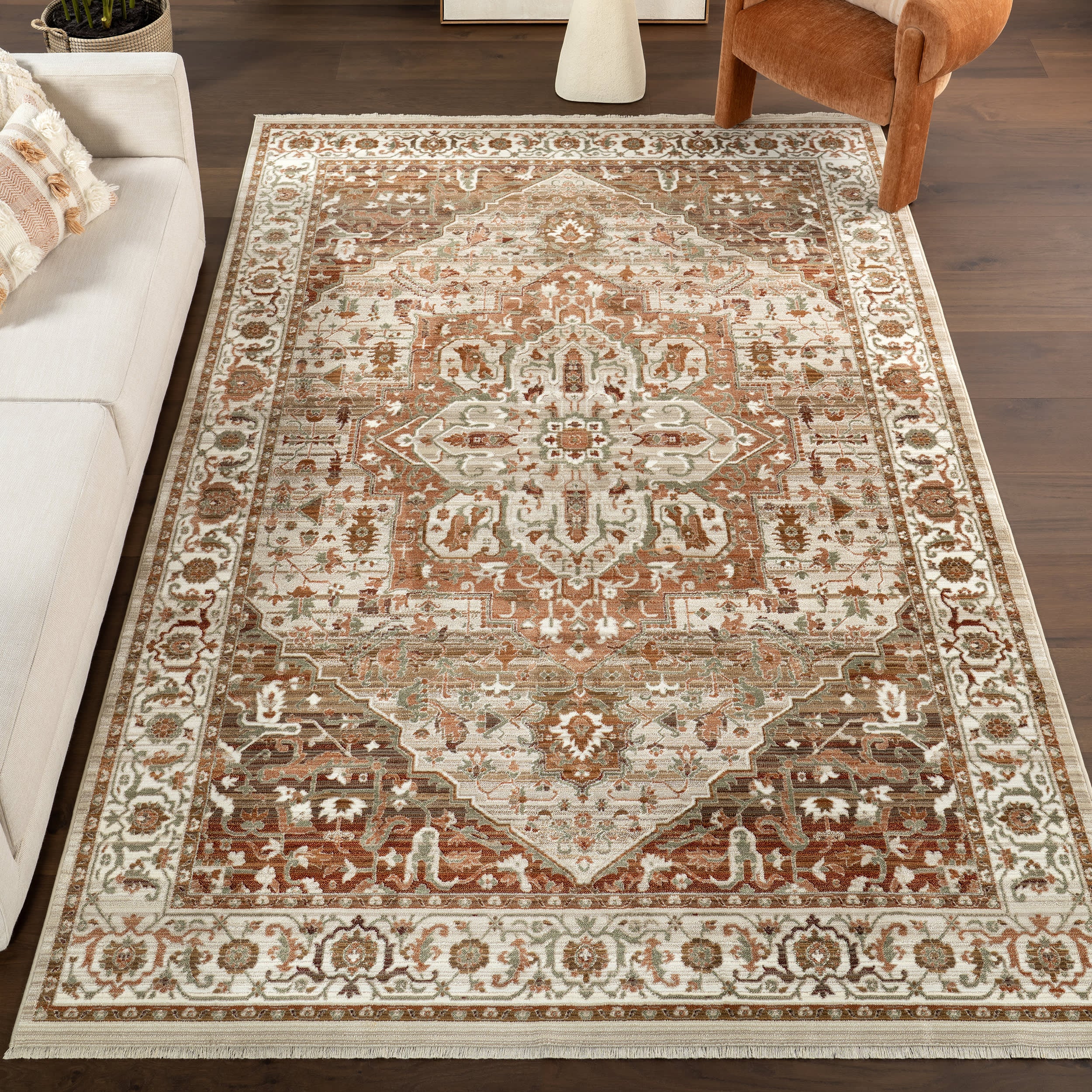 Rosette Medallion Fringed Rug | Brown - Image 2