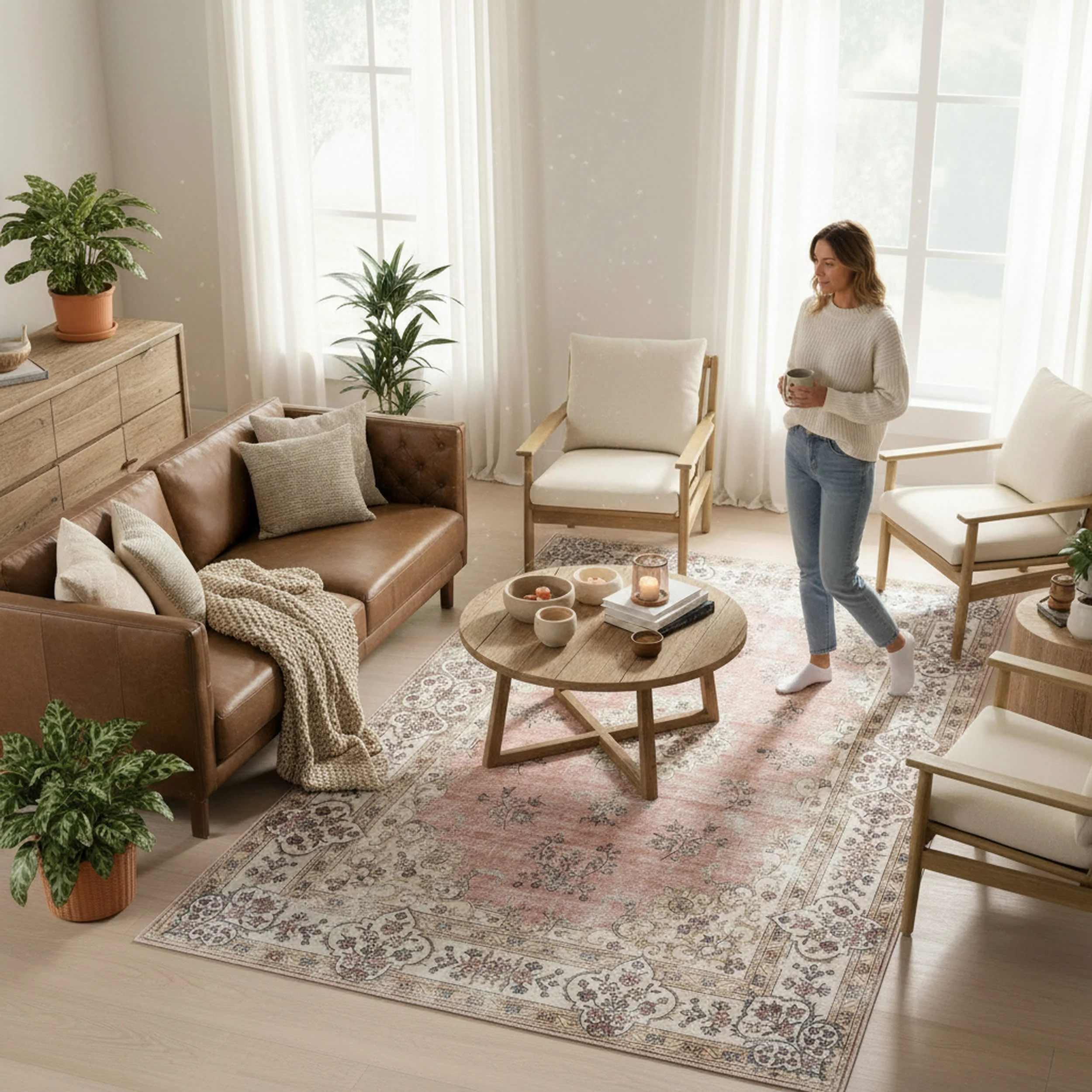Rosette Medallion Spill Proof Washable Rug | Peach - Image 8