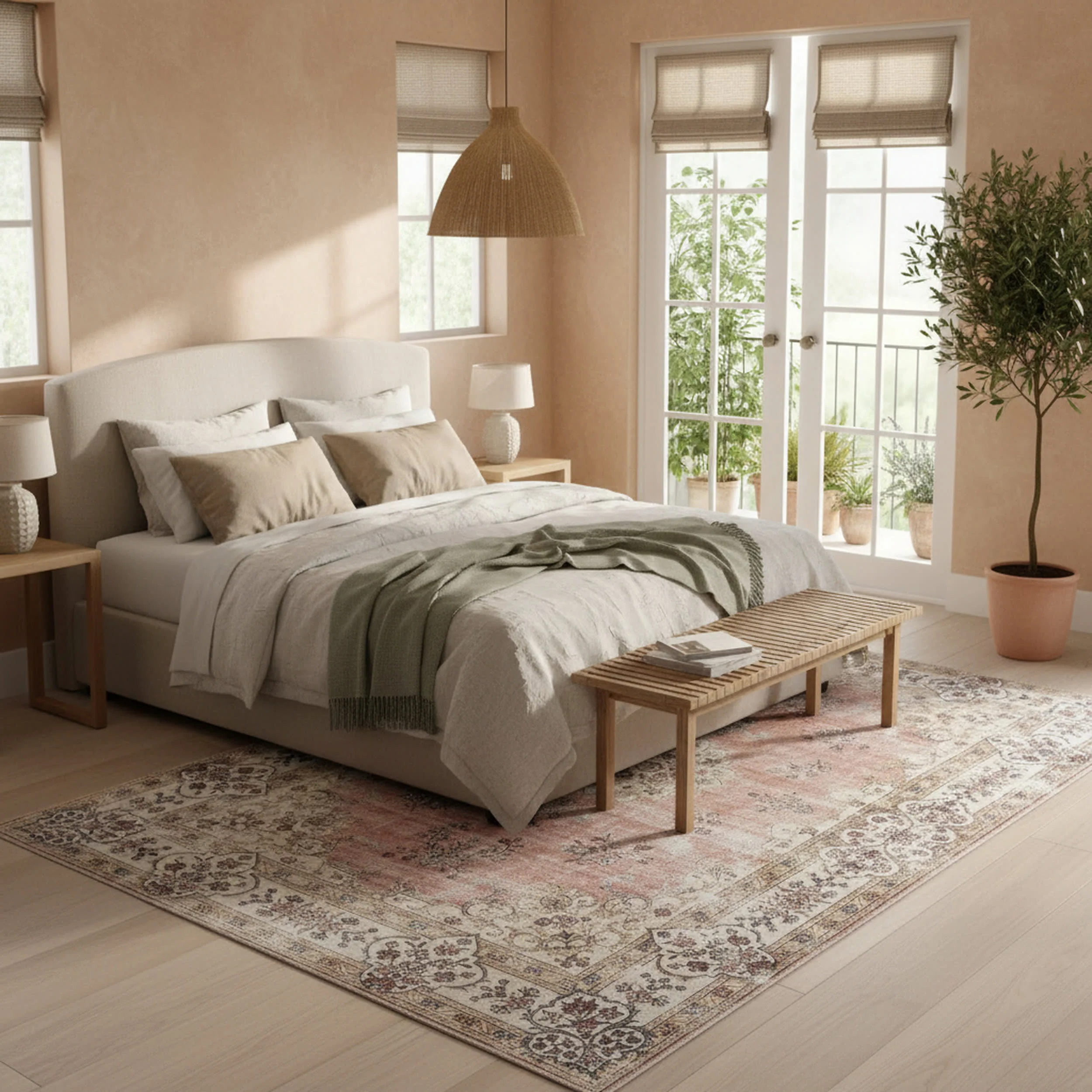 Rosette Medallion Spill Proof Washable Rug | Peach - Image 9