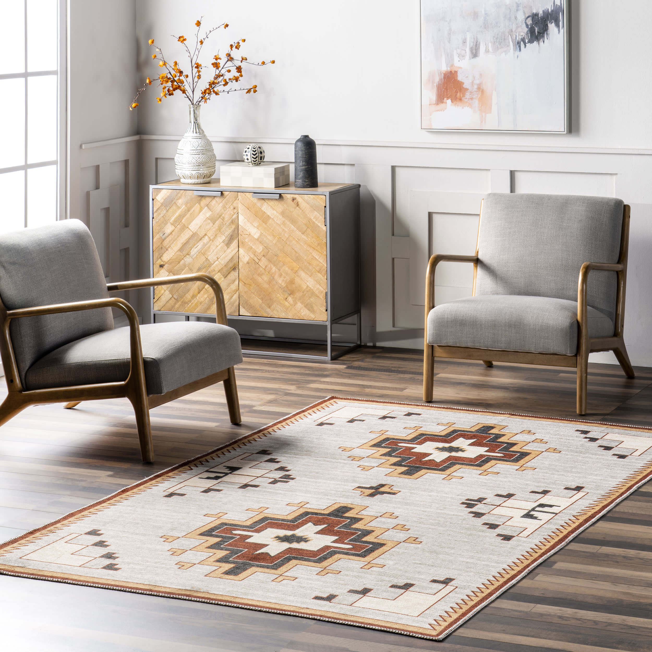 Rosey Washable Colorful Shapes Rug | Ivory - Image 2