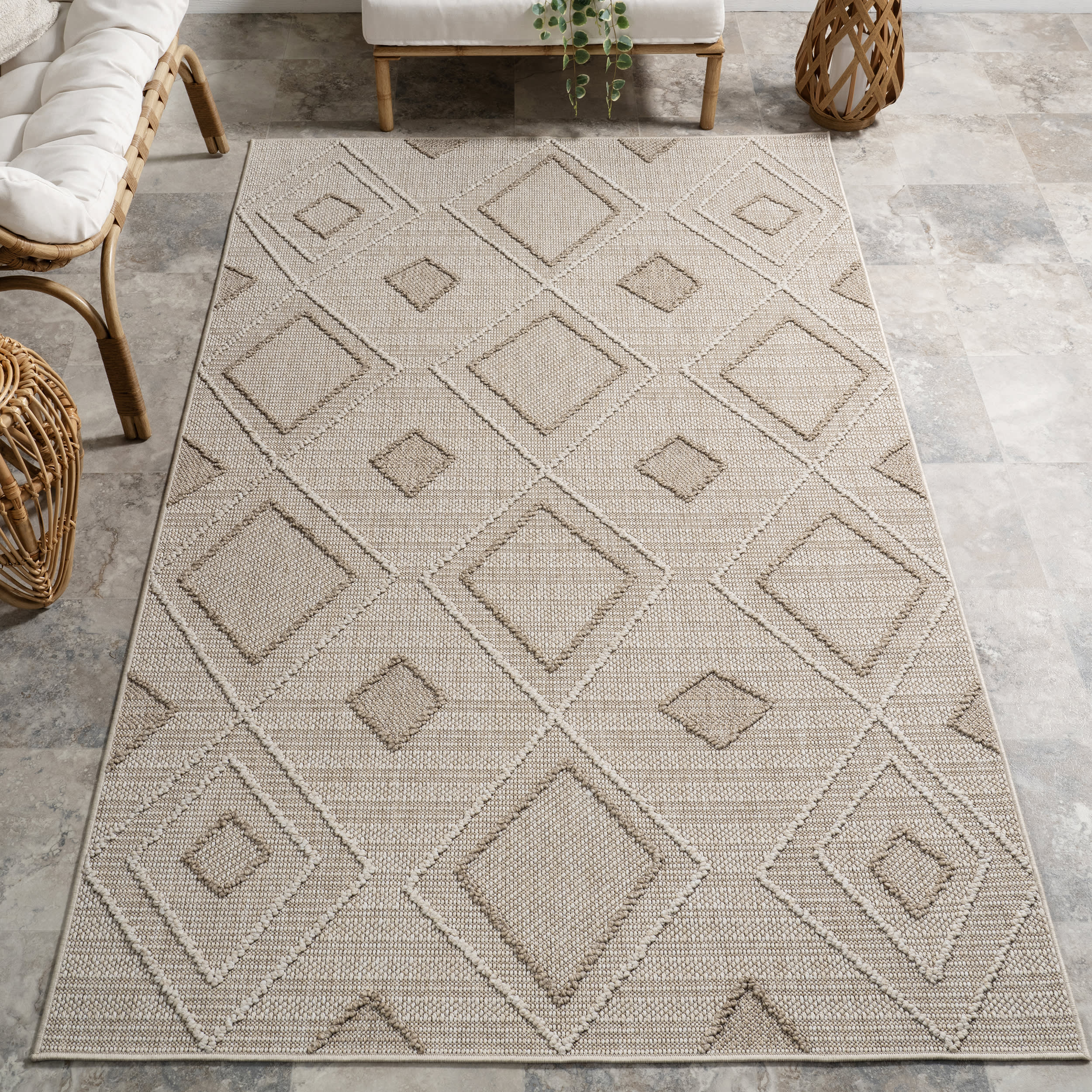 Saige High-Low Diamond Indoor/Outdoor Rug | Beige - Image 2