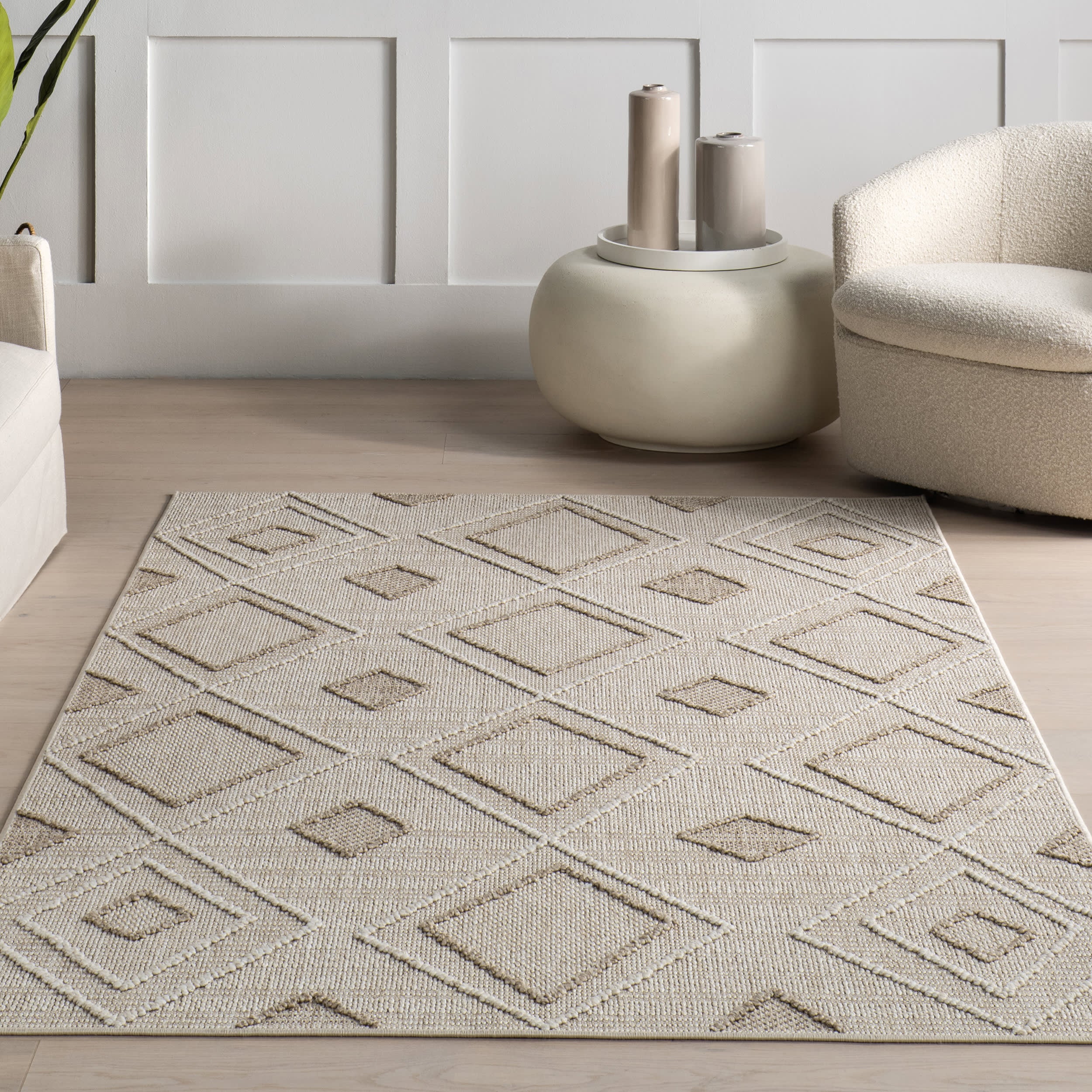 Saige High-Low Diamond Indoor/Outdoor Rug | Beige - Image 5