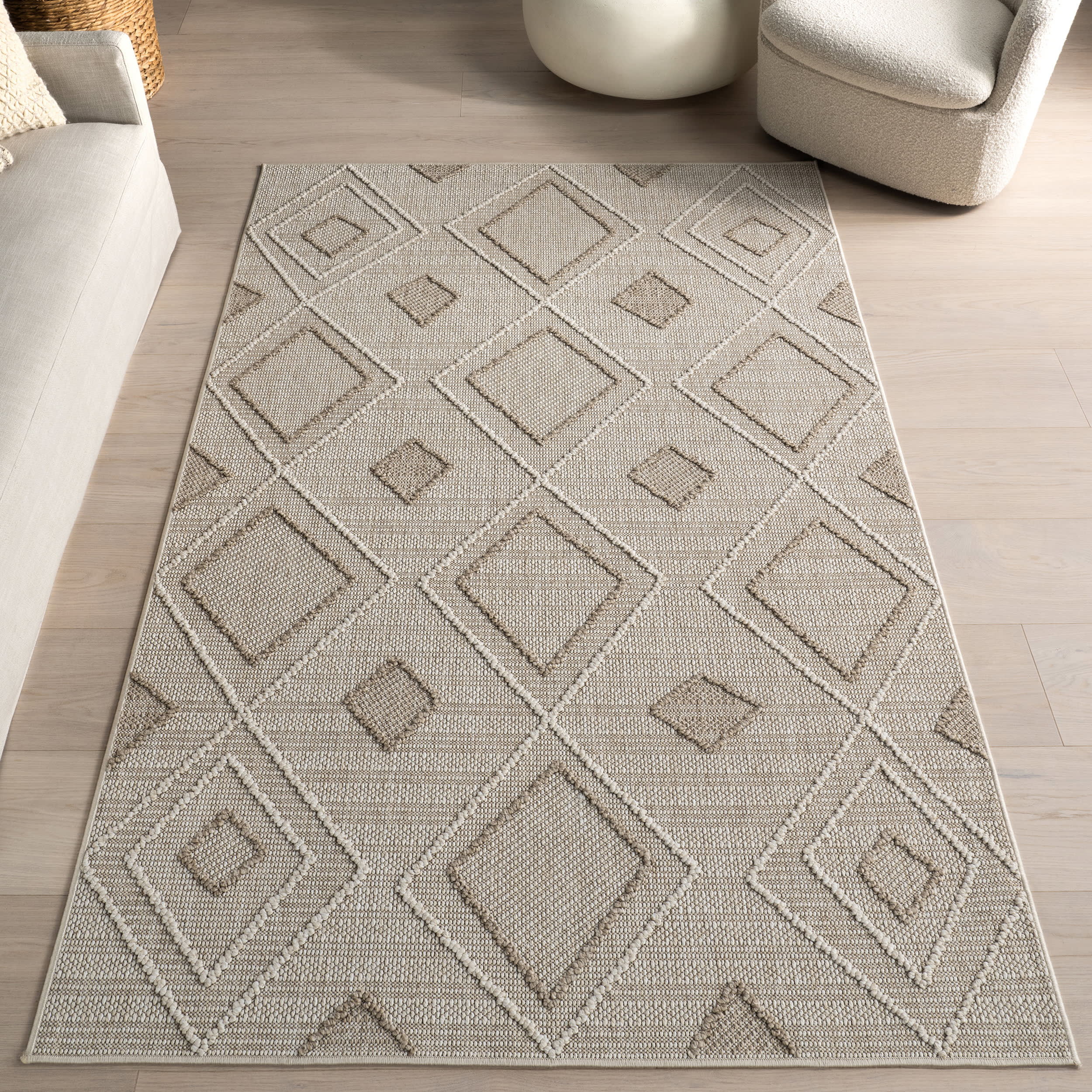 Saige High-Low Diamond Indoor/Outdoor Rug | Beige - Image 9