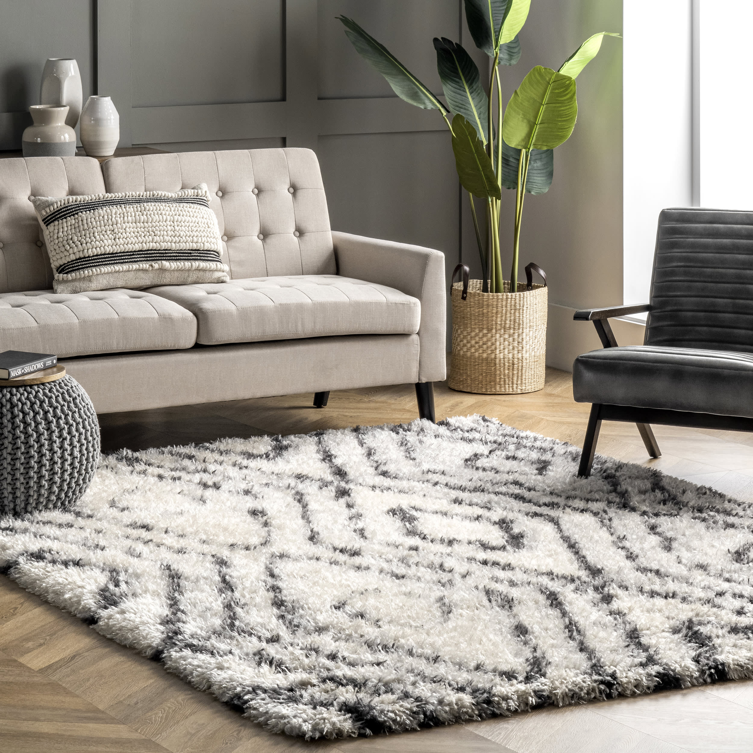 Scrolling Diamond Shag Rug | Beige - Image 2