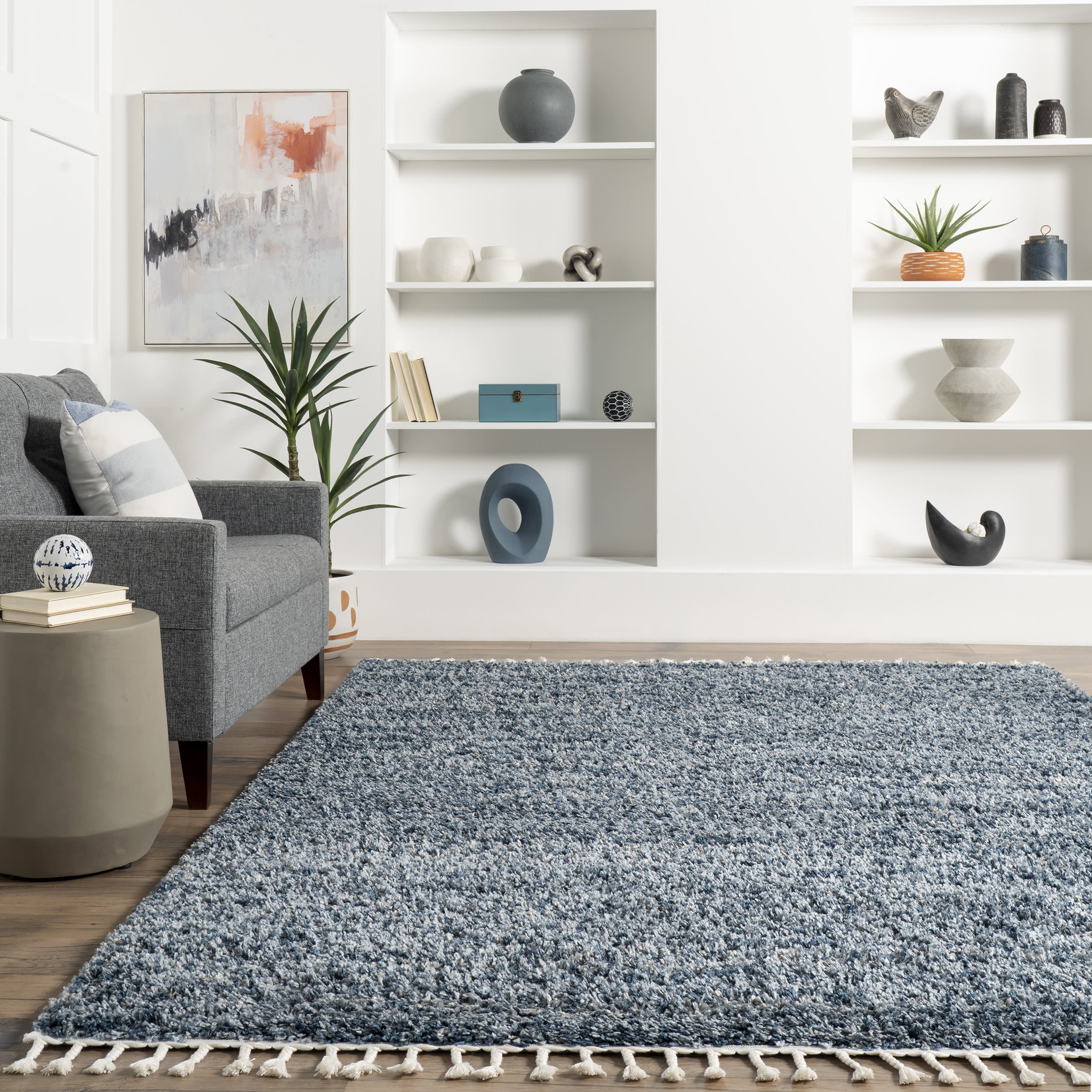 Shaded Shag With Tassels Rug | Blue - Image 4