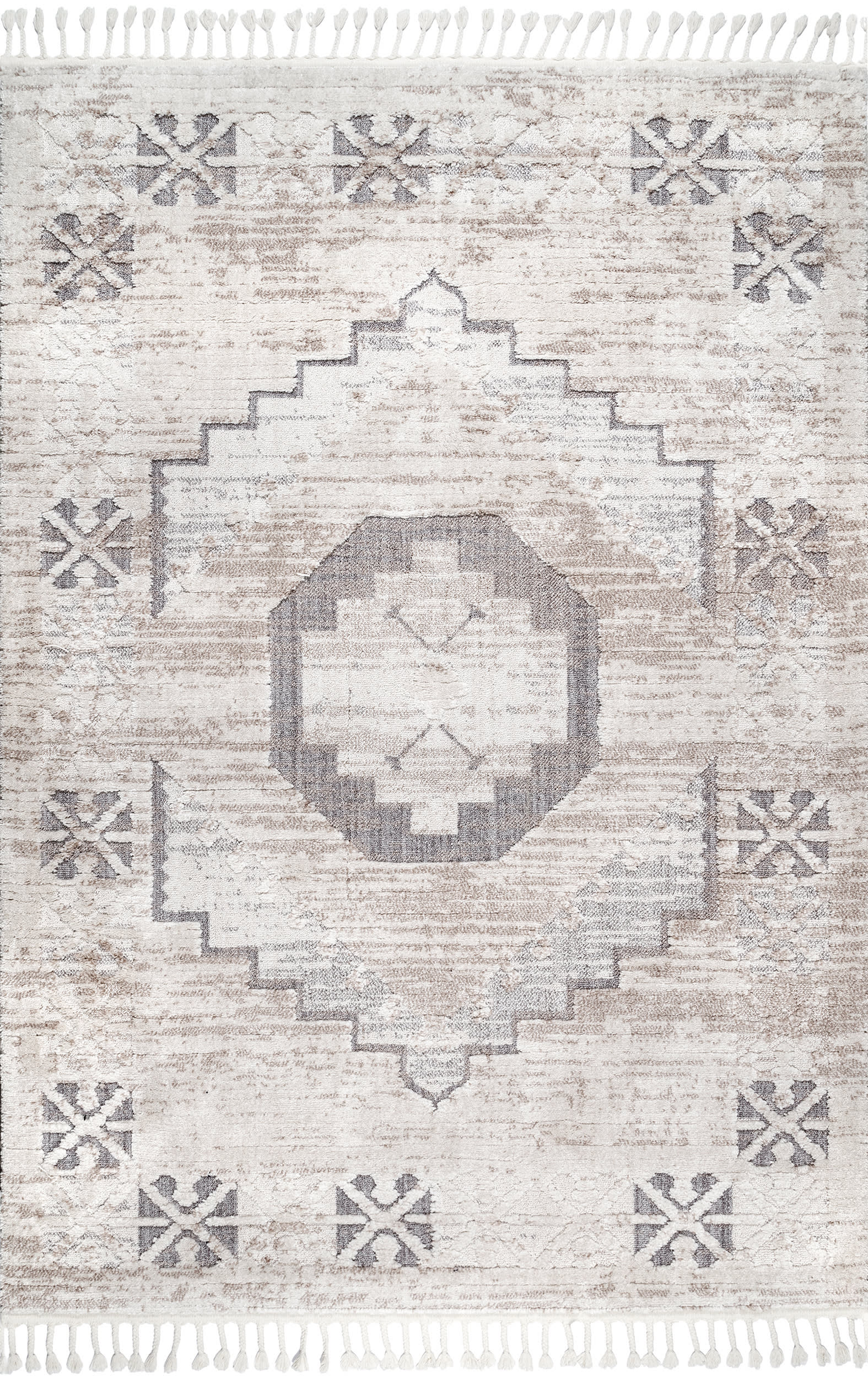 Shaggy Barbed Medallion Tassel Rug | Beige