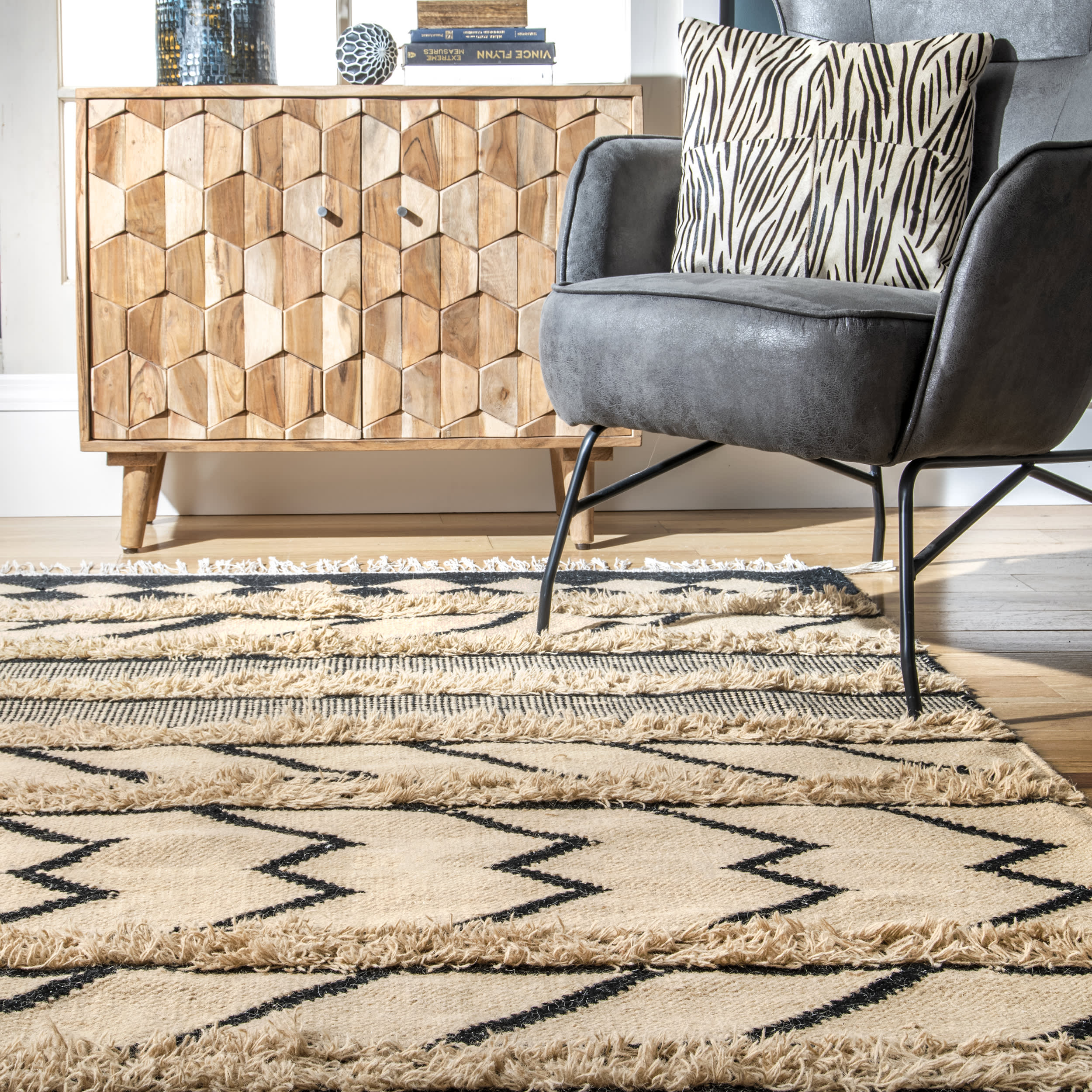 Shaggy Geometric Stripes Rug | Tan - Image 4