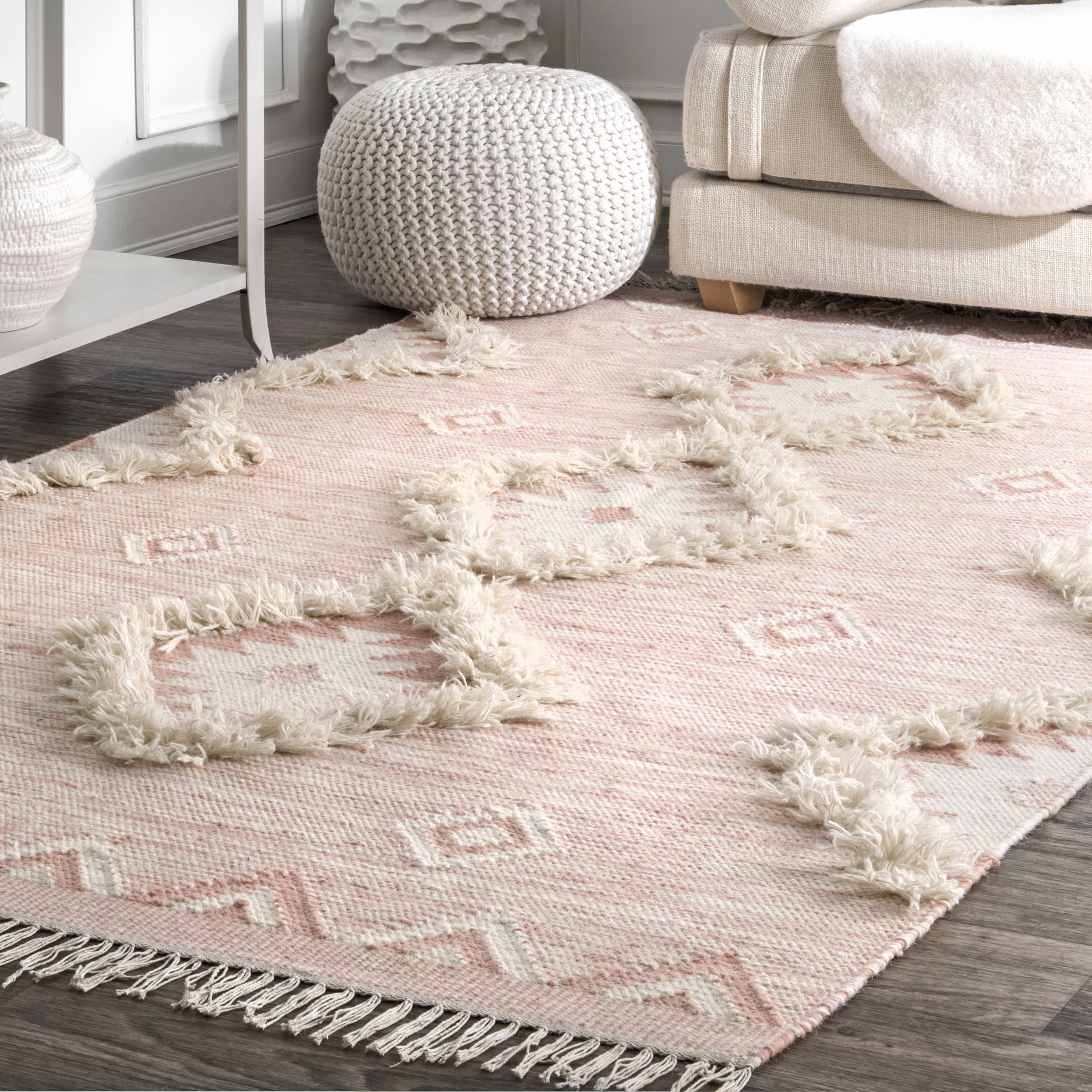 Shaggy Moroccan Lattice Fringe Rug | Pink - Image 2