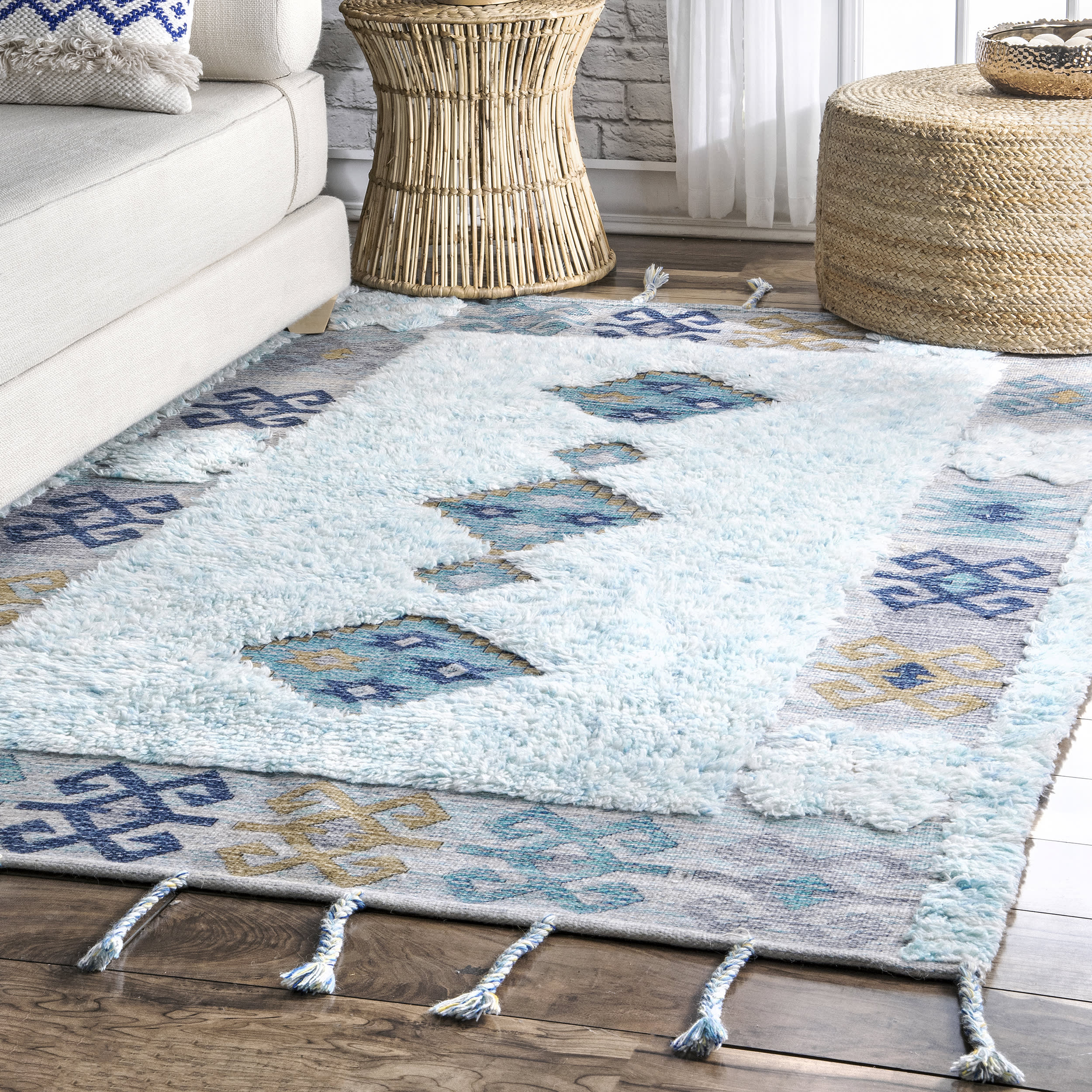 Shaggy Tribal With Braided Tassels Rug | Blue - Image 2