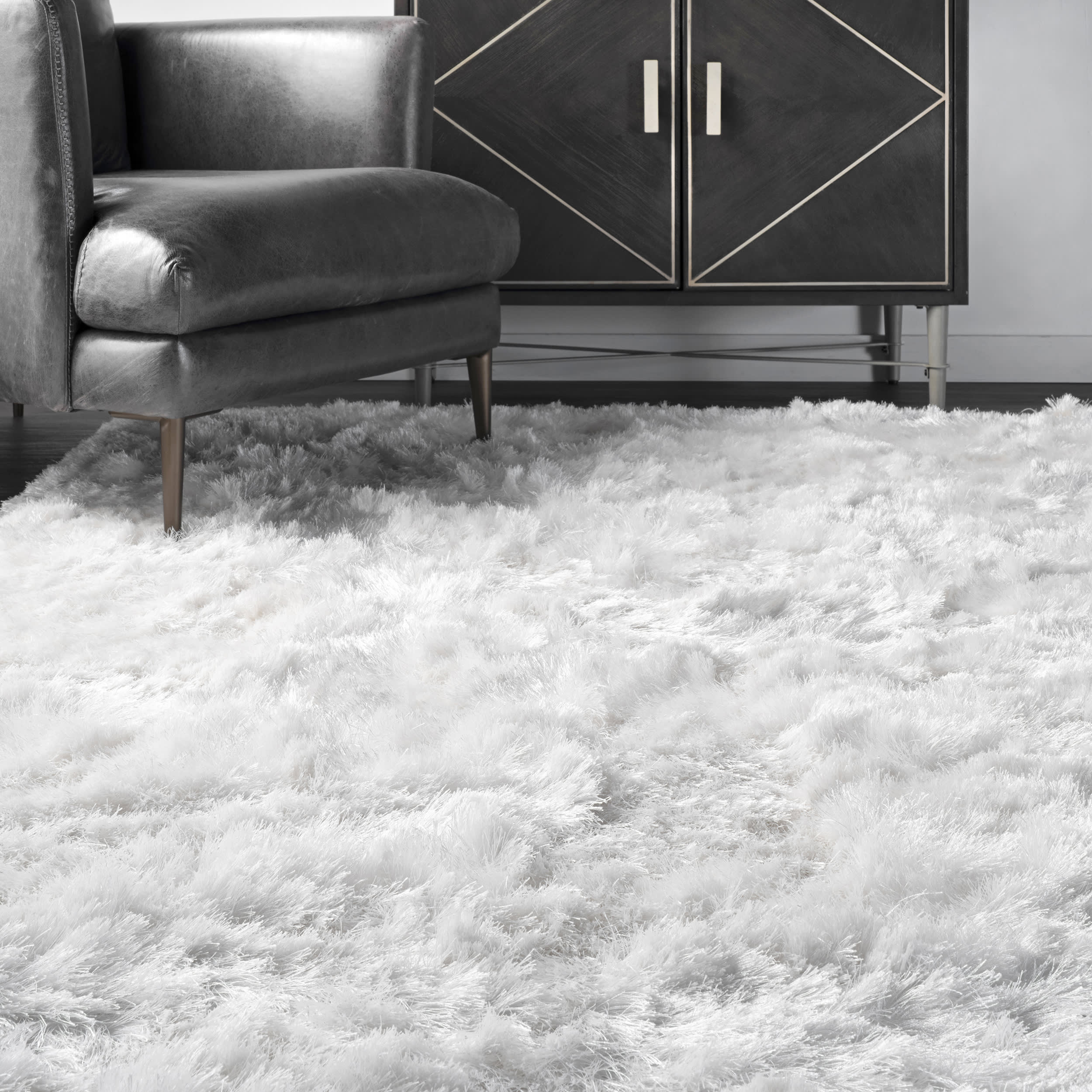 Silky Shine Solid Shag Rug | Pearl White - Image 4