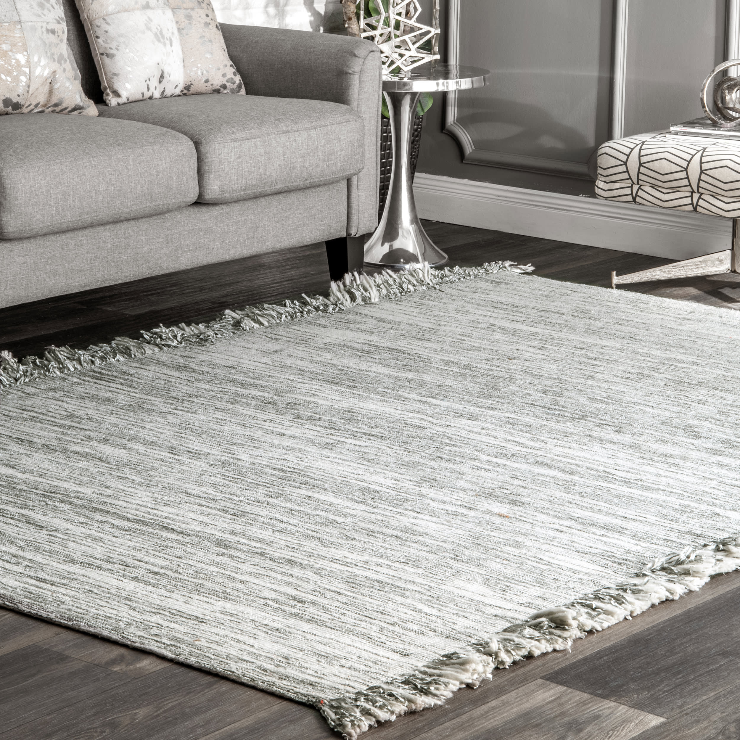 Striated Flatweave With Side Tassels Rug | Grey - Image 2