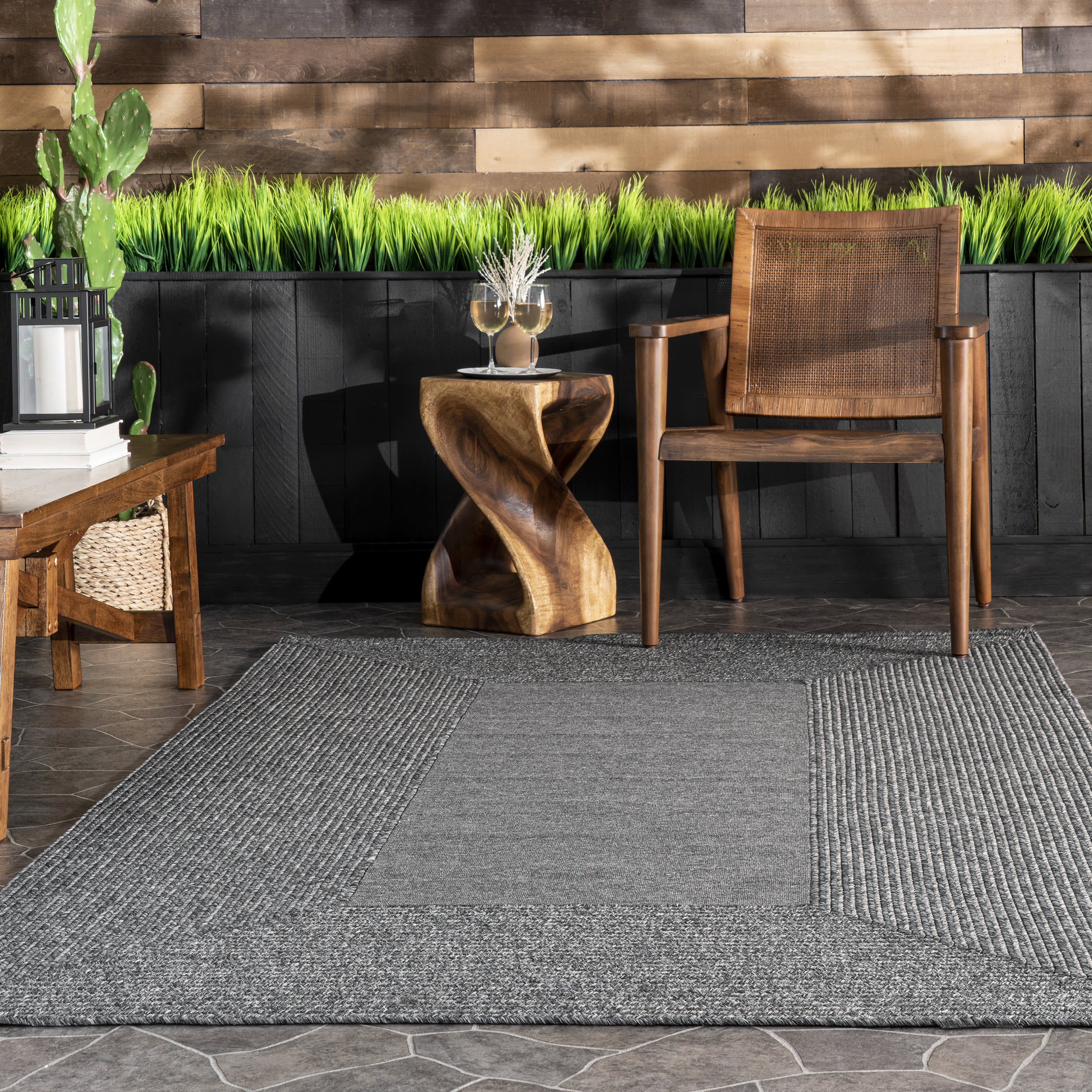 Striped Border Braided Indoor/Outdoor Rug | Charcoal - Image 4